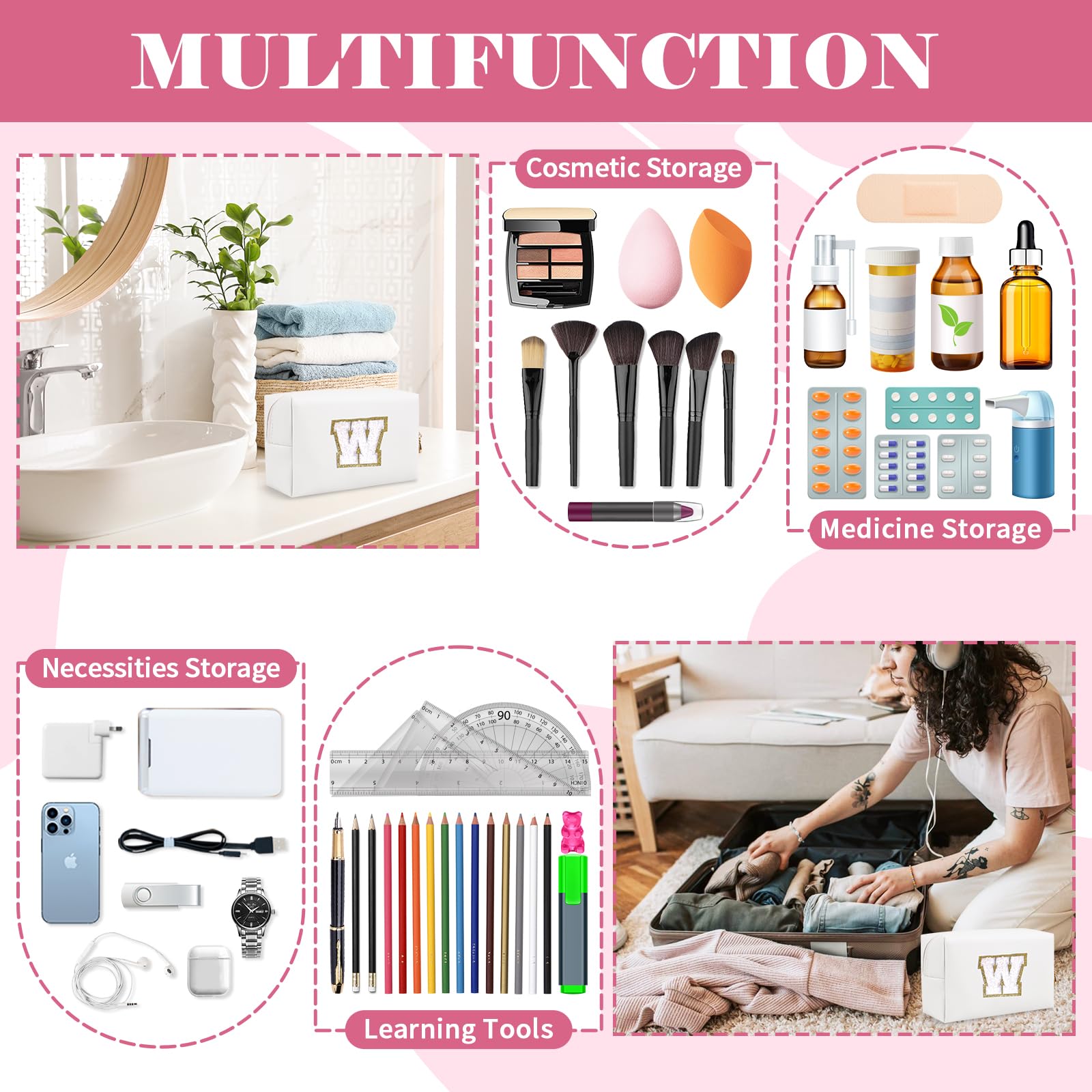 Personalisierte A-Z Kosmetiktasche, Kleine Reisetasche mit Reißverschluss, Süße weiße Kulturbeutel, Geschenk für Mädchen und Frauen Geburtstag, Weißer, weißer Buchstabe, W, modisch