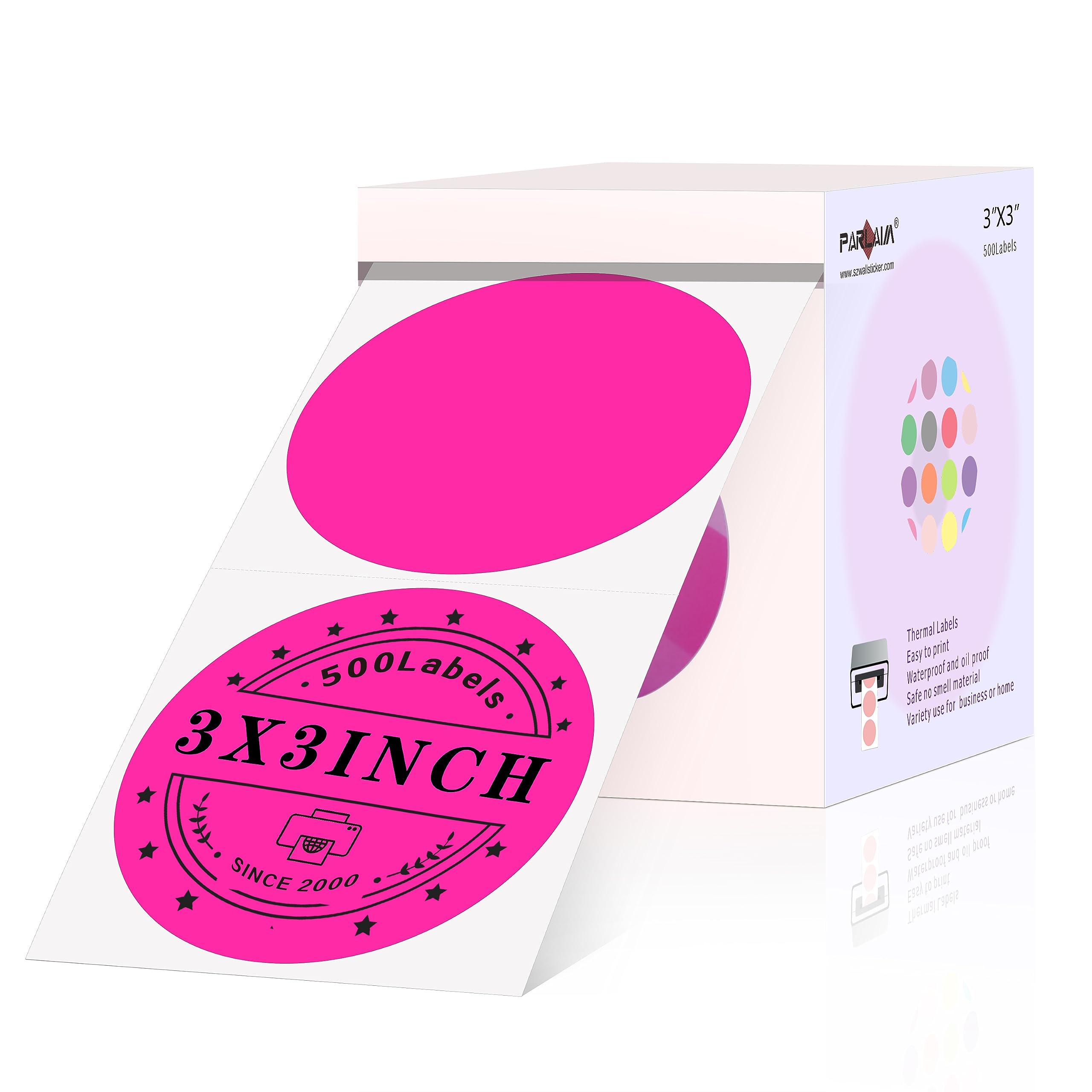 PARLAIM Runde Thermo-Etiketten, 7,6 cm, fluoreszierendes Pink, 500 Stück, Kreis-Thermodrucker-Aufkleber für Zuhause, Geschäft, Flasche, DIY-Design, QR-Code, Namensschild, Umzugskarton, Adress-Etikett
