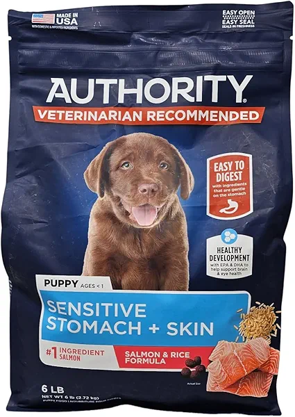 Authority Puppy Sensitive Stomach and Skin Dry Dog Food, Salmon and Rice Formula, 6 Pound Bag