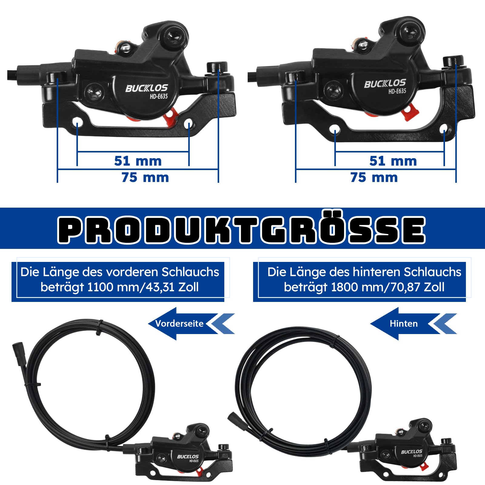 E-Bike Hydraulik-Scheibenbremsensatz – 2/4 Kolben, elektrisch abschaltbar, Links vorne 1100 mm, rechts hinten 1800 mm, Hebel aus Aluminiumlegierung für Roller/MTB-Mountainbike