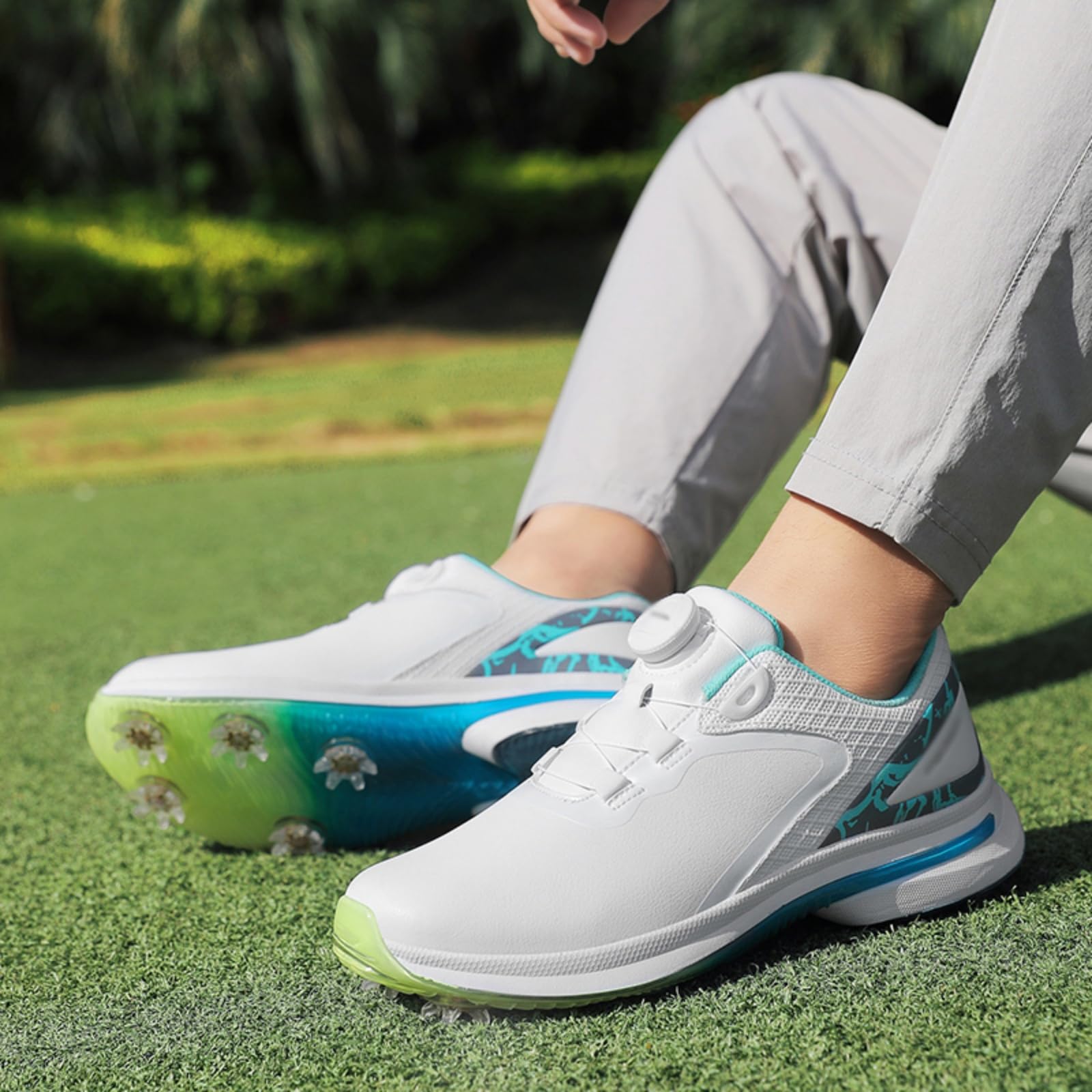 JiuQing Męskie buty golfowe z kolcami lekkie profesjonalne skórzane antypoślizgowe do noszenia na co dzień na świeżym powietrzu