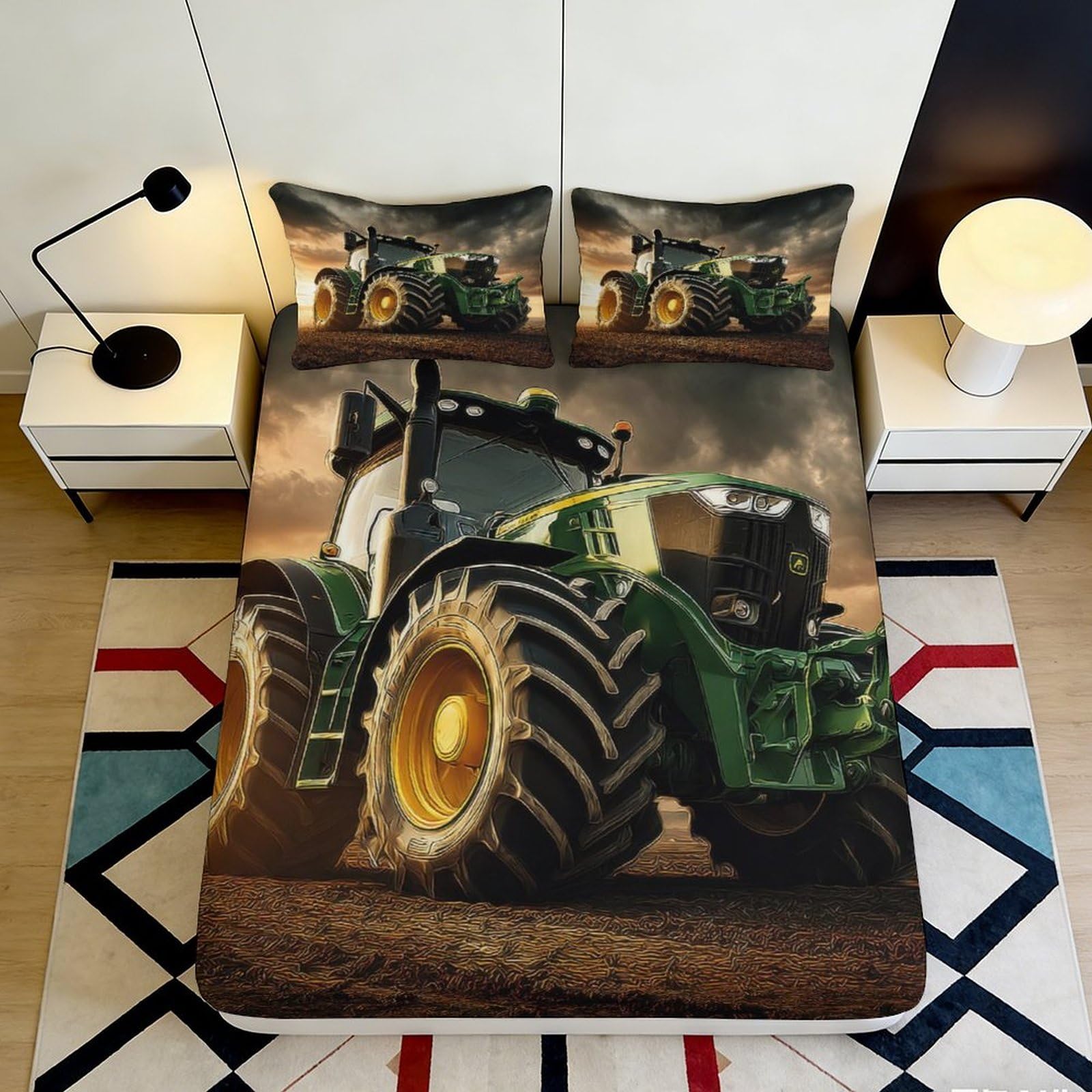 3D Printed Tractor Fitted Sheet Microfiber Durable Soft 3D Printed Farm Vehicle Mattress Cover for Bedroom Dormitory Guest Room Mattress Protection 140x200x25cm