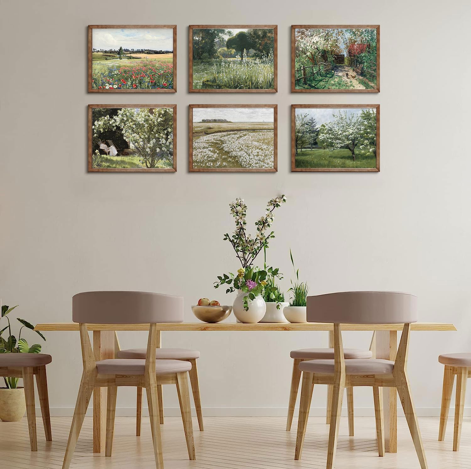 6Pcs Vintage French Country Wall Art, Spring Landscape Prints Green Meadow Cottagecore Nature Wilderness Flower Field Aesthetic Wall Decor Pictures Farmhouse Botanical Paintings Posters, Unframed
