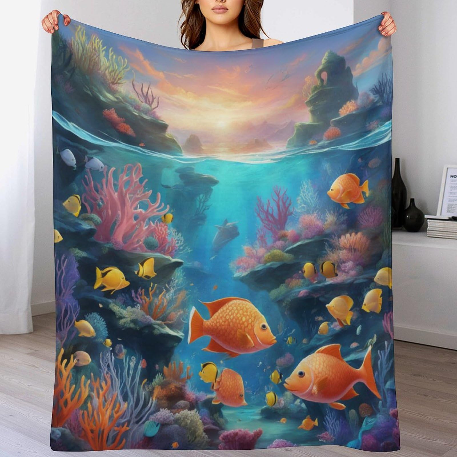 Couverture plaid flannel poisson ocean contre le froid du canape