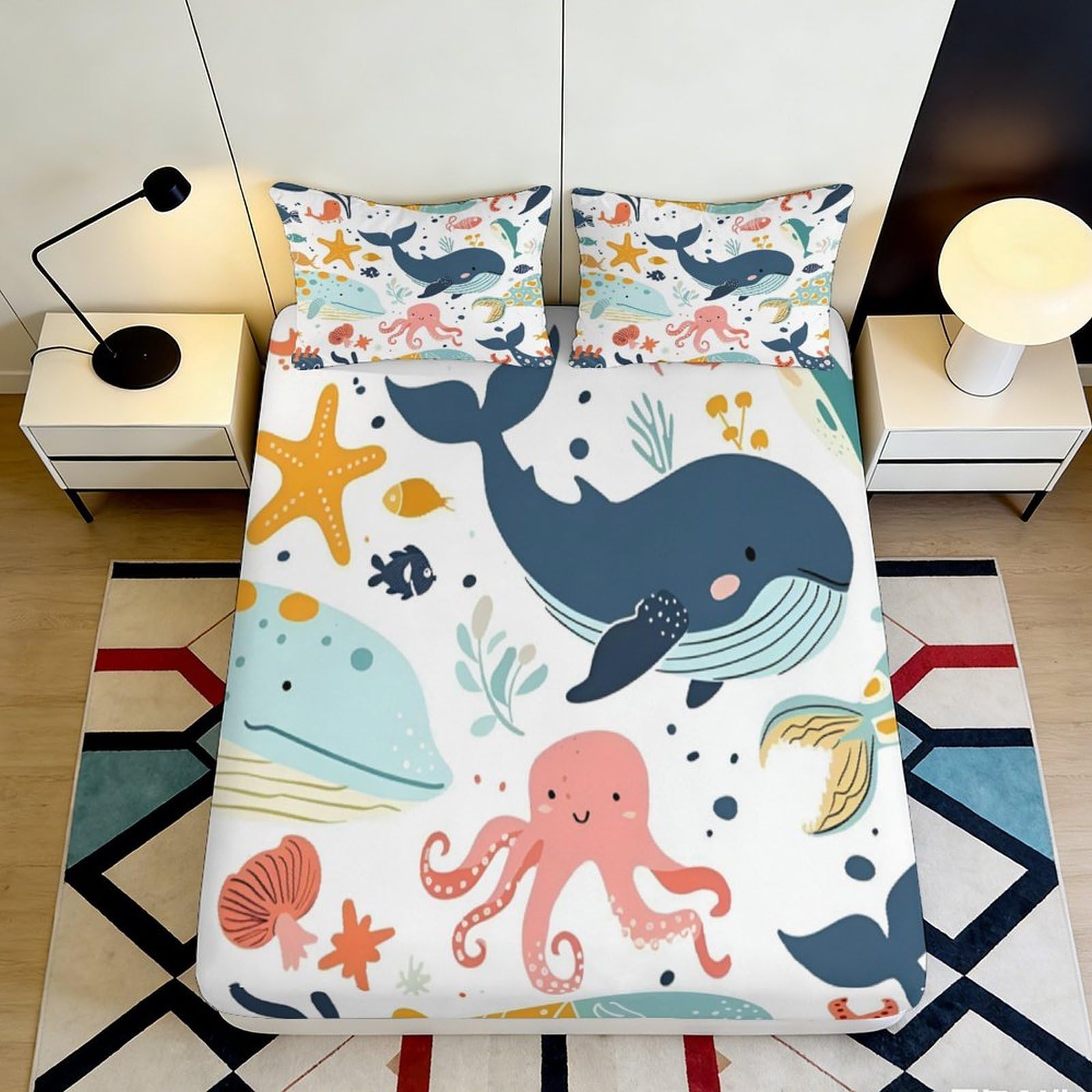 3D Printed Ocean Whale Fitted Sheet Microfiber Soft Starfish Octopus Mattress Cover for Bedroom Guest Room Decor 90x200x25cm
