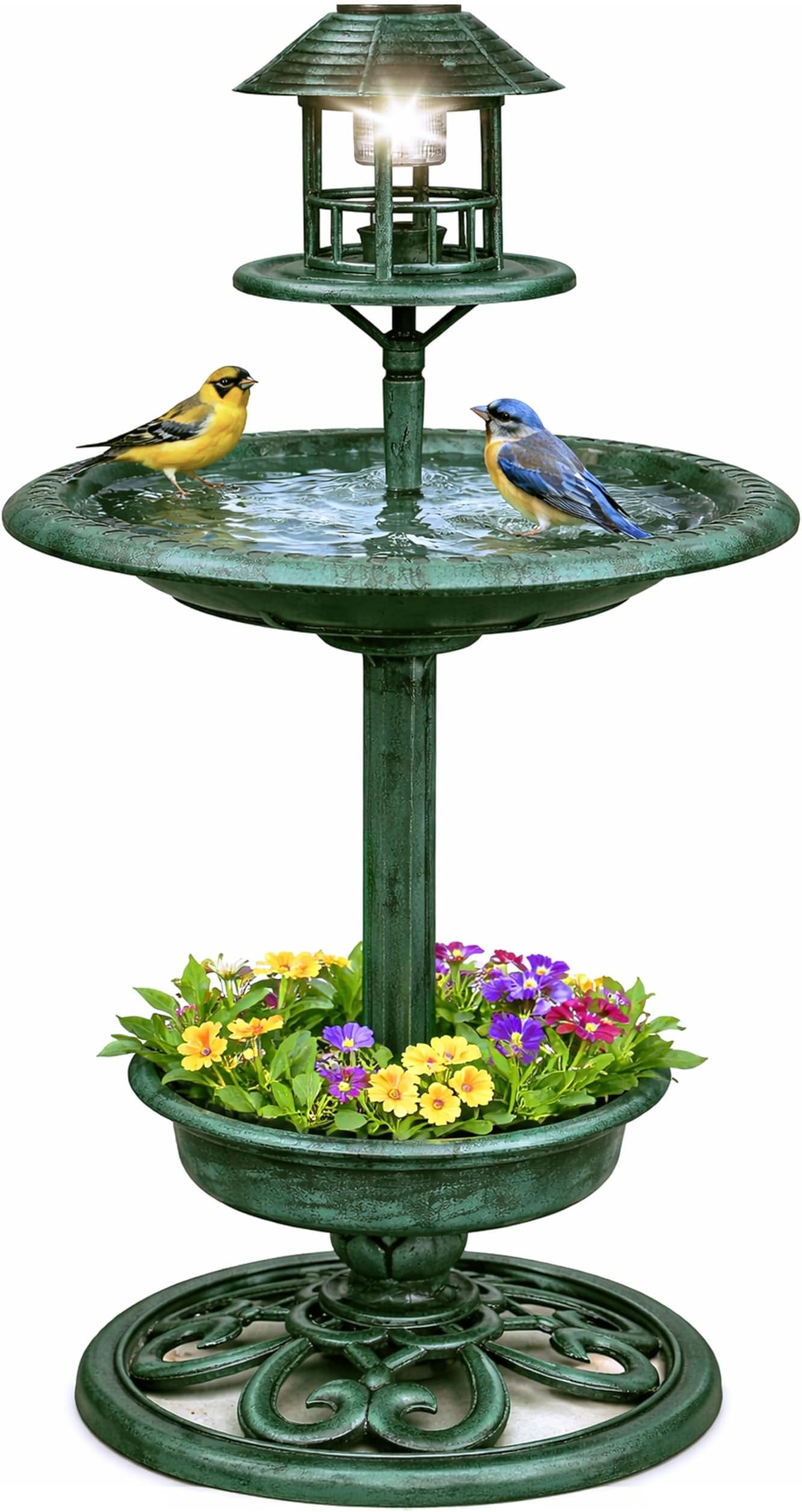 DIVCHI Bird Bath Feeding Station with Solar LED Lights Free Standing Large Feeder Table Planter for Wild Birds Weather Proof Ornament 3-in-1 Garden Outdoor Decor (Green)