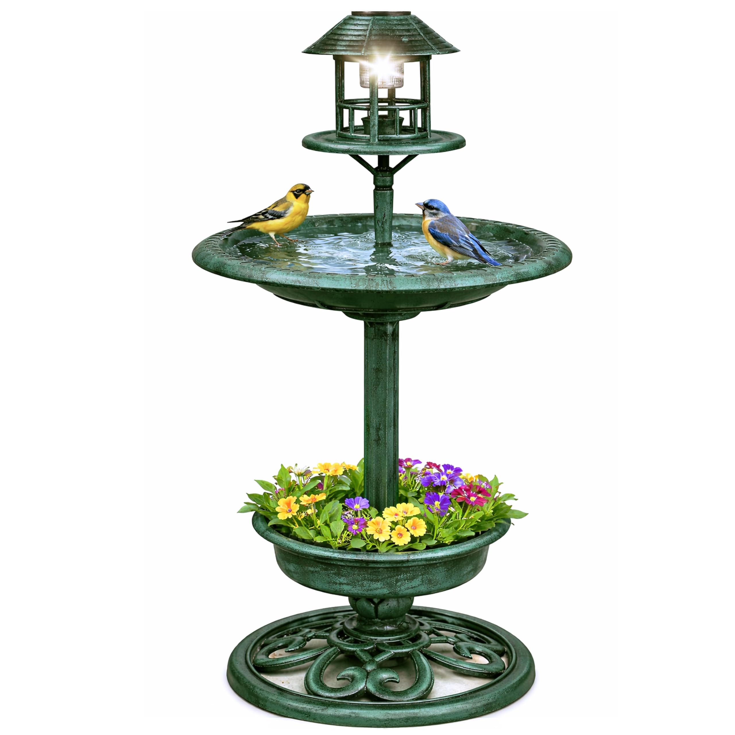 DIVCHI Bird Bath Feeding Station with Solar LED Lights Free Standing Large Feeder Table Planter for Wild Birds Weather Proof Ornament 3-in-1 Garden Outdoor Decor (Green)