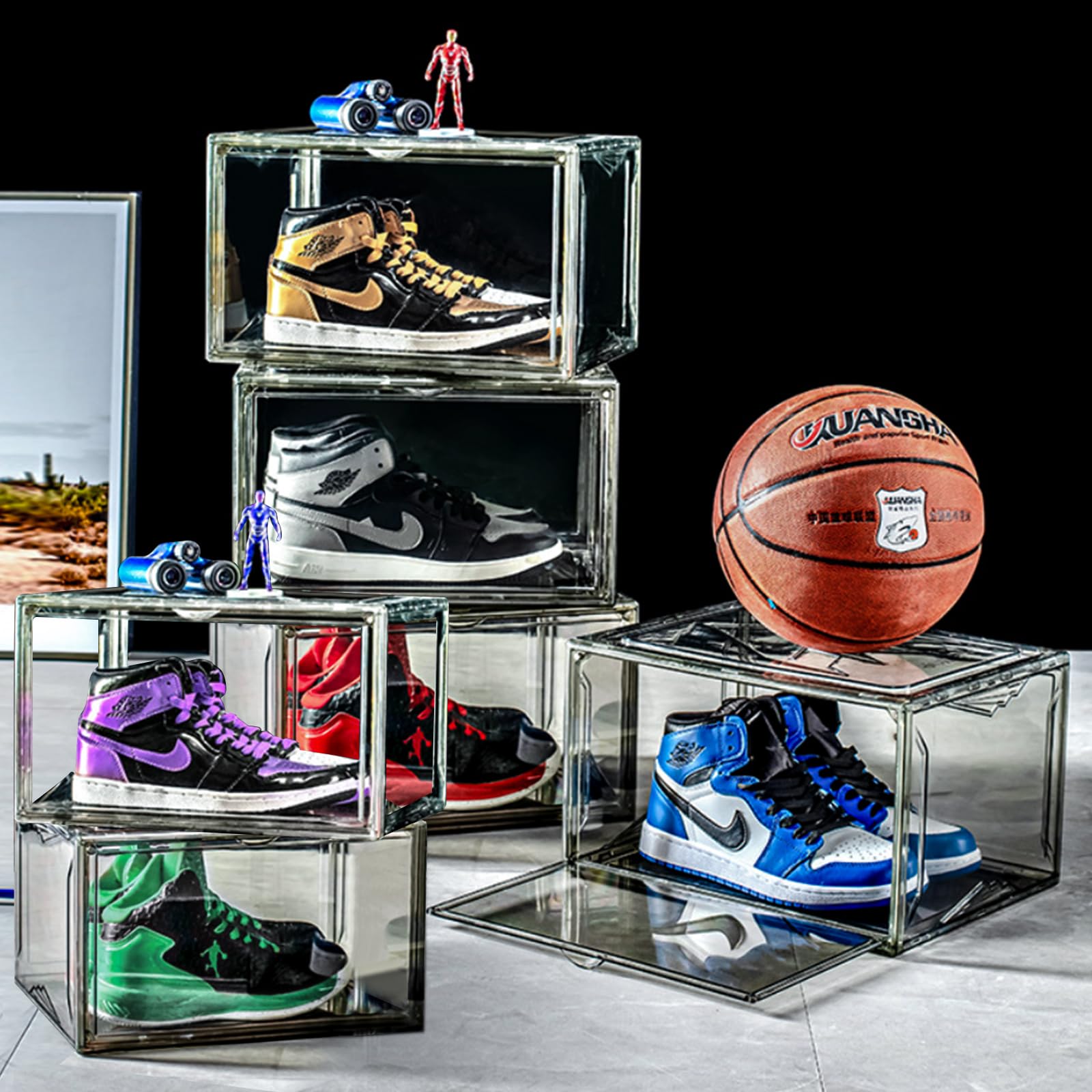 URbazaar 6 Pack Shoe Box Clear Stackable Acrylic Shoe Cabinet,Stackable Sneaker PET Display Case,Extra Large Sneaker Storage Box With Magnetic Side Open,Space Saving,Easy To Assemble