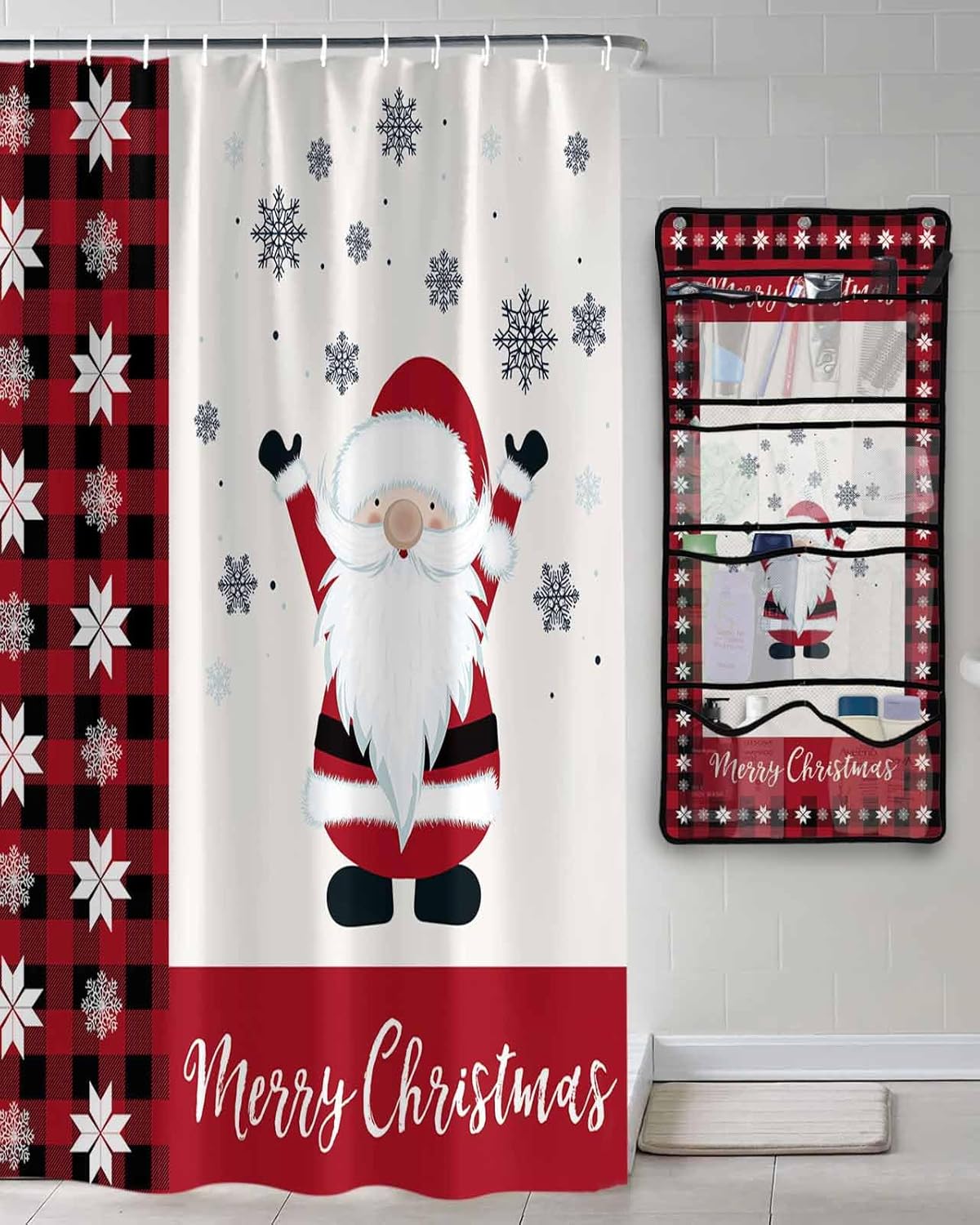 Shower Curtain Mesh Shower Organizer Hanging Set Merry Christmas Gnome Waterproof Shower Curtains with 10 Pockets Quick Dry