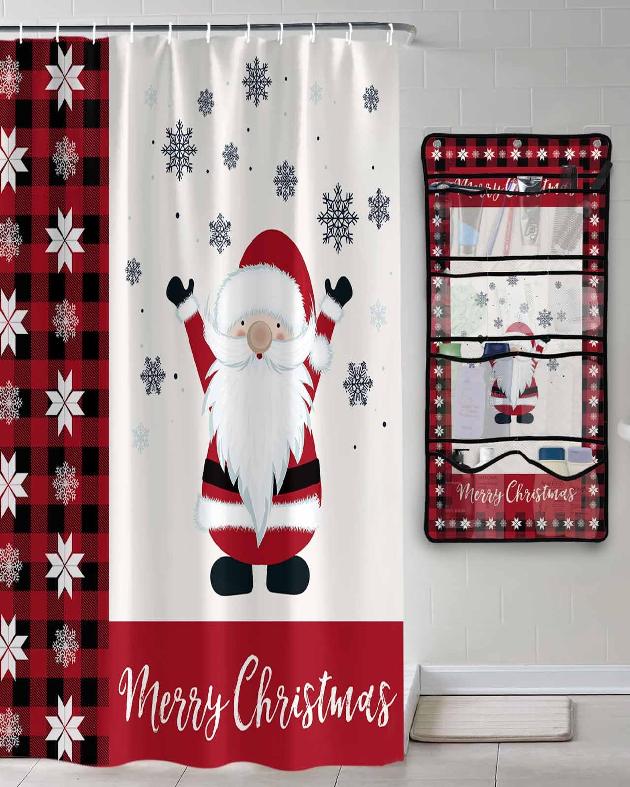 Shower Curtain Mesh Shower Organizer Hanging Set Merry Christmas Gnome Waterproof Shower Curtains with 10 Pockets Quick Dry