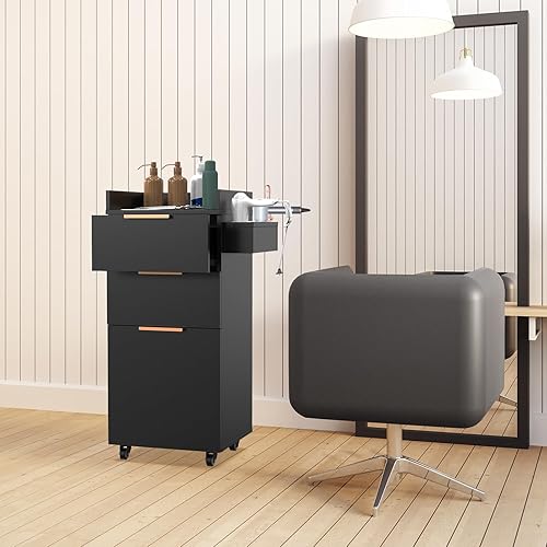 Miniatura 8 de OmySalon Carrito de salón con ruedas, 2 cajones y 1 armario de almacenamiento, carrito de salón para estilista, estación de peinado portátil para