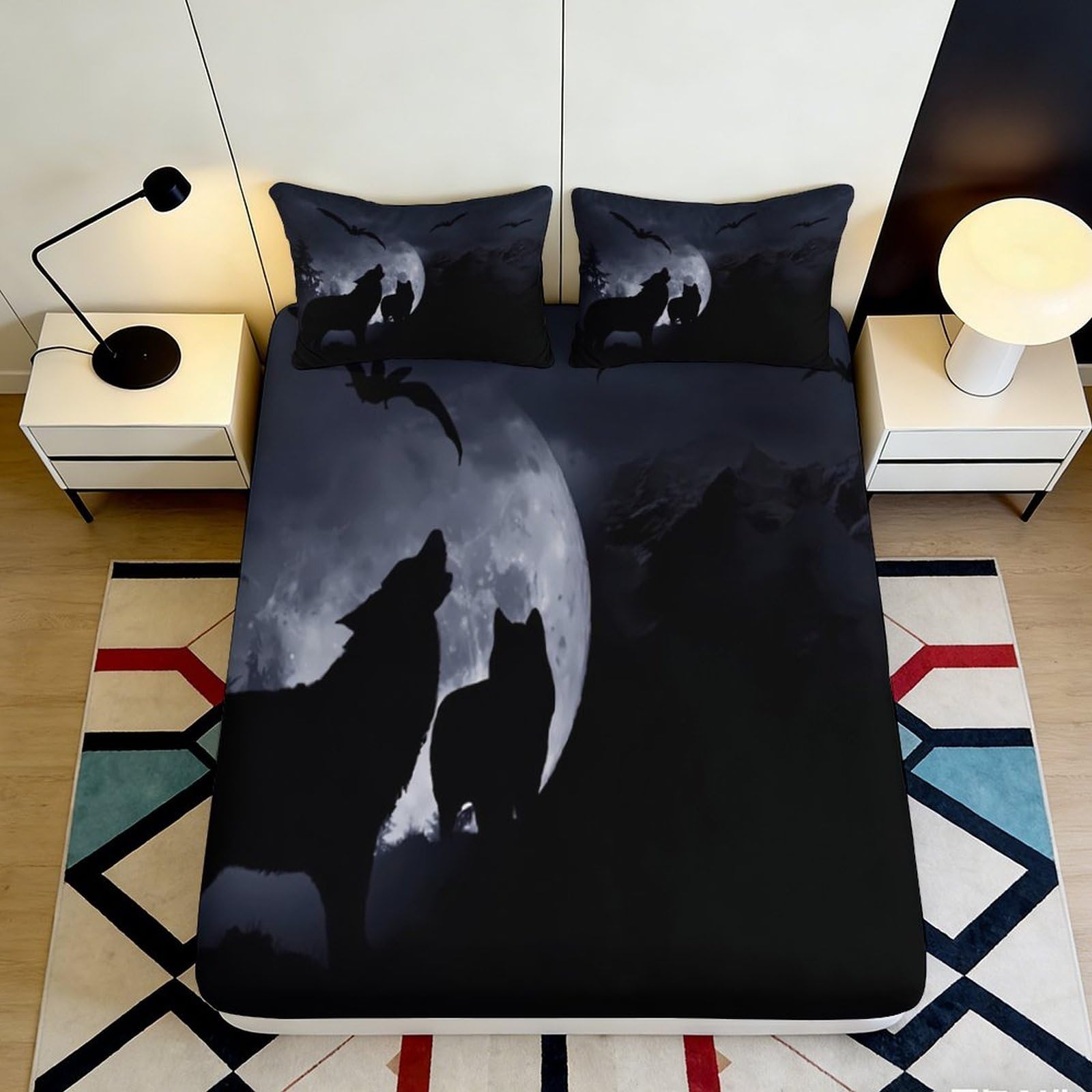Pnayamiorkfel Style-4 3D Printed Moon Wolf Fitted Sheet Microfiber Stylish Black Bed Sheet Bedroom Decor Easy Care Mattress Cover 90X200x25cm