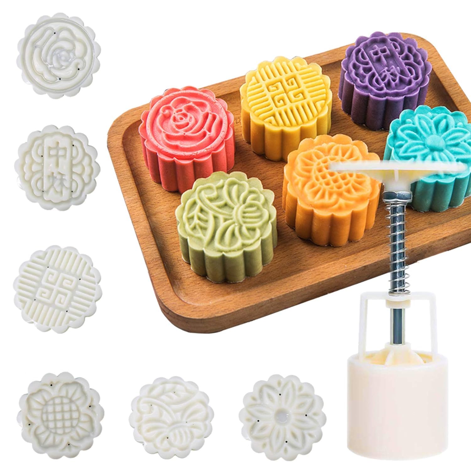 SARVASHVA TRENDS Moon Cake Mold 4 Pcs, Mid Autumn Festival DIY Hand Press Cookie Stamps Pastry Tool Moon Cake Maker, Flower Mode Patterns 1 Mold 4 Stamps 50g (White)-picture-26