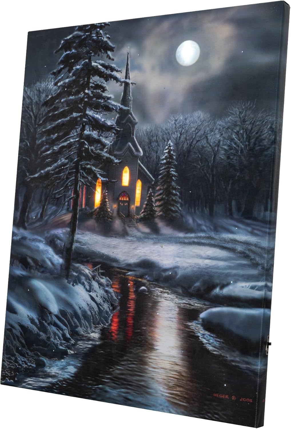 DEMAGNNIE Light Up Pictures Wall Canvas Art Church Paintings Print w/Timer Optic Fiber Lights, 17" x 14" Framed LED Lighted Picture Winter Snowy Scene w/River Bridge, for Living Dinning Bed Room