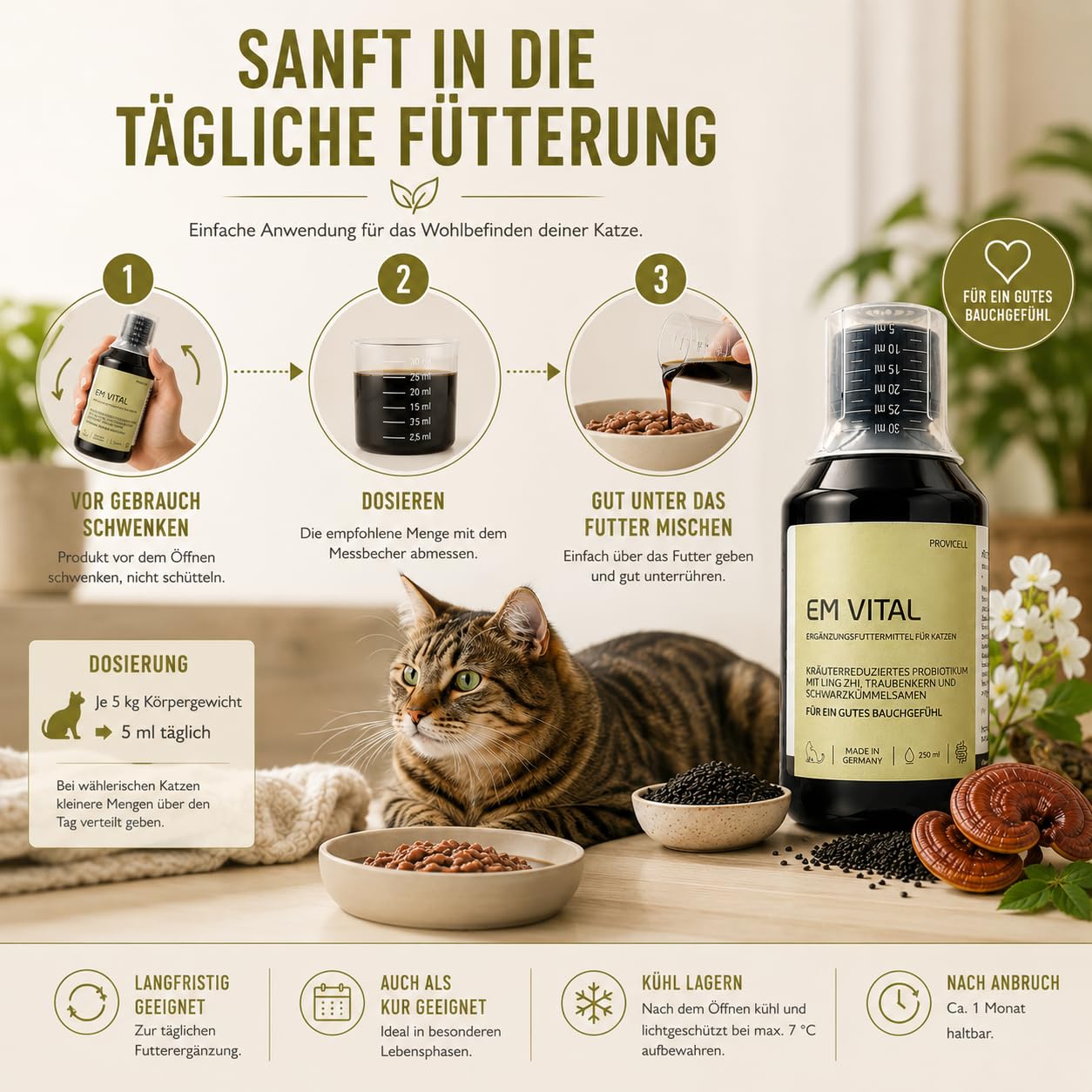EM Vital Katze 250 ml - Premium Probiotika für Katzen Flüssig – zur Unterstützung der Darmflora – Fermentierte Pflanzenstoffe mit Mikroorganismen – Ohne Zusatzstoffe - Made in Germany