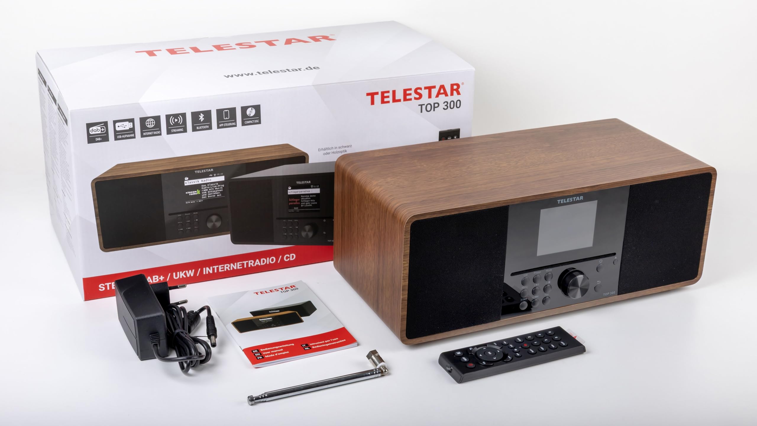 TELESTAR Top 300 – Radio Dab+/Internet avec Lecteur CD (stéréo, 2 × 15 W, Services de Streaming, Bluetooth Audio-Streaming & Fonction d’Envoi, Enregistrement USB, système d’Alerte d’Urgence) – Bois