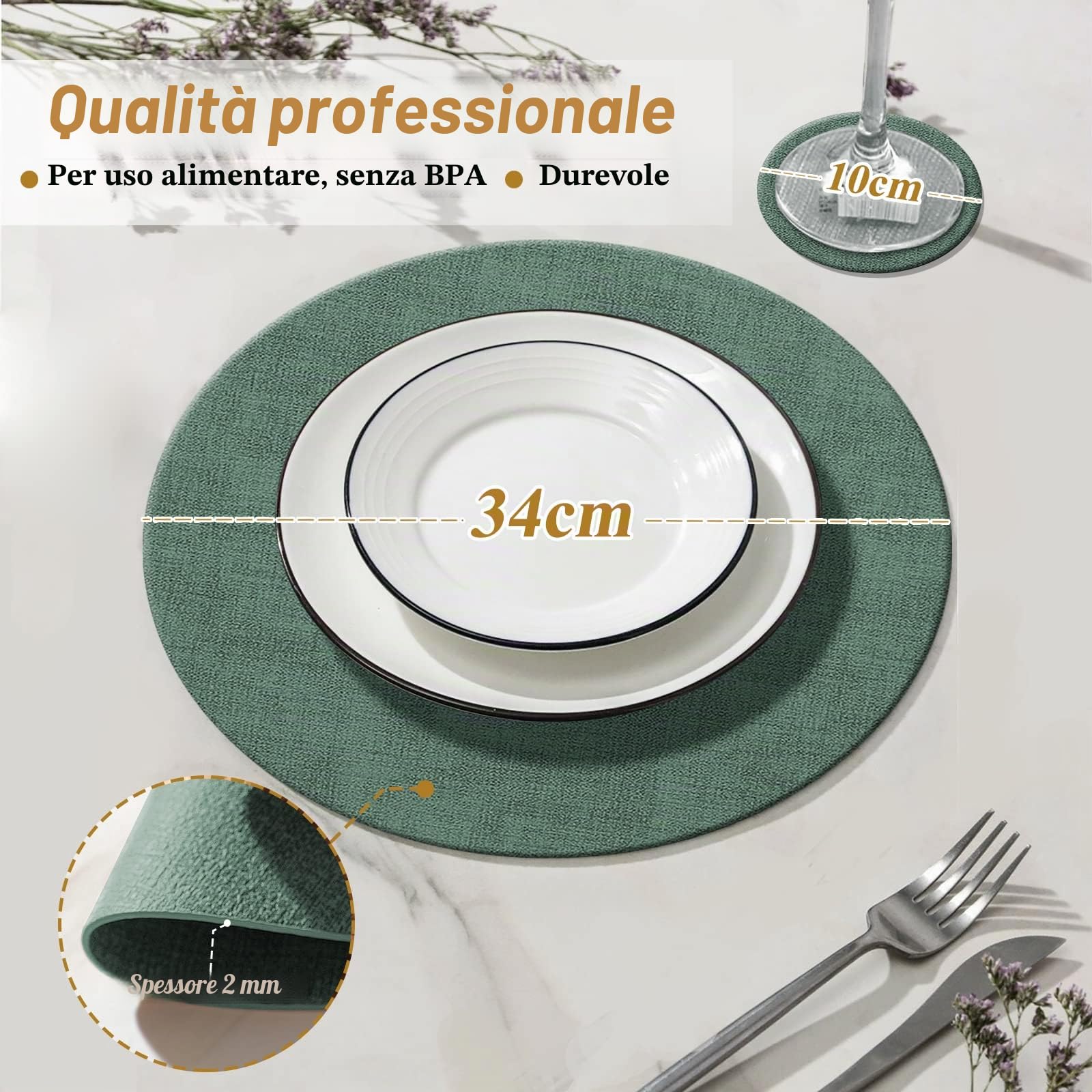 Set di tovagliette rotonde in pelle lavabili (34 cm) e sottobicchieri (10 cm), resistenti al calore 100 °C, antiscivolo e impermeabili, facili da pulire per ristorante, 8 pezzi, (verde)