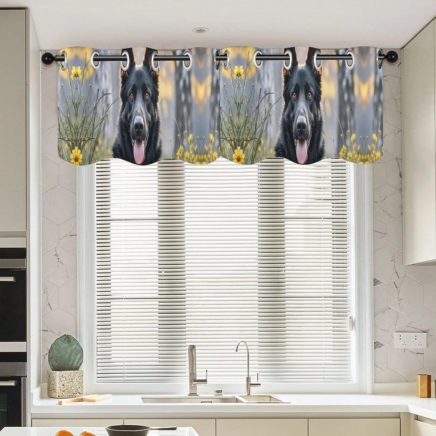 Black German Shepherd Dog Valance for Windows, 2 Pack Kitchen Curtains Modern Home Decor, Soft Blackout Window Curtains for Living Room & Bedroom, 18 X 52 Inch