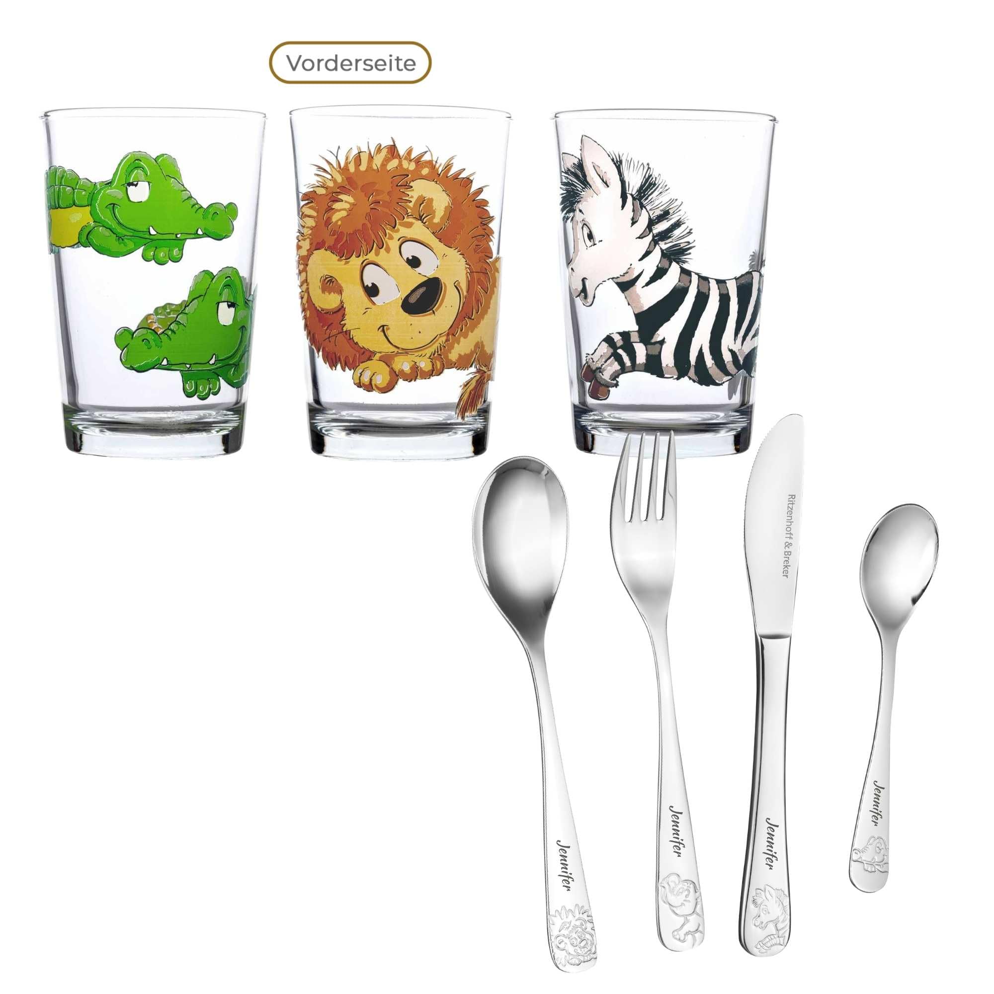 Ritzenhoff & Breker Kinderbesteck & Trinkglas-Set, Happy Zoo | Personalisiertes Set aus 3x Kinderbecher und Besteck mit Namen, Geschenk zur Taufe oder Geburtstag für Jungen & Mädchen