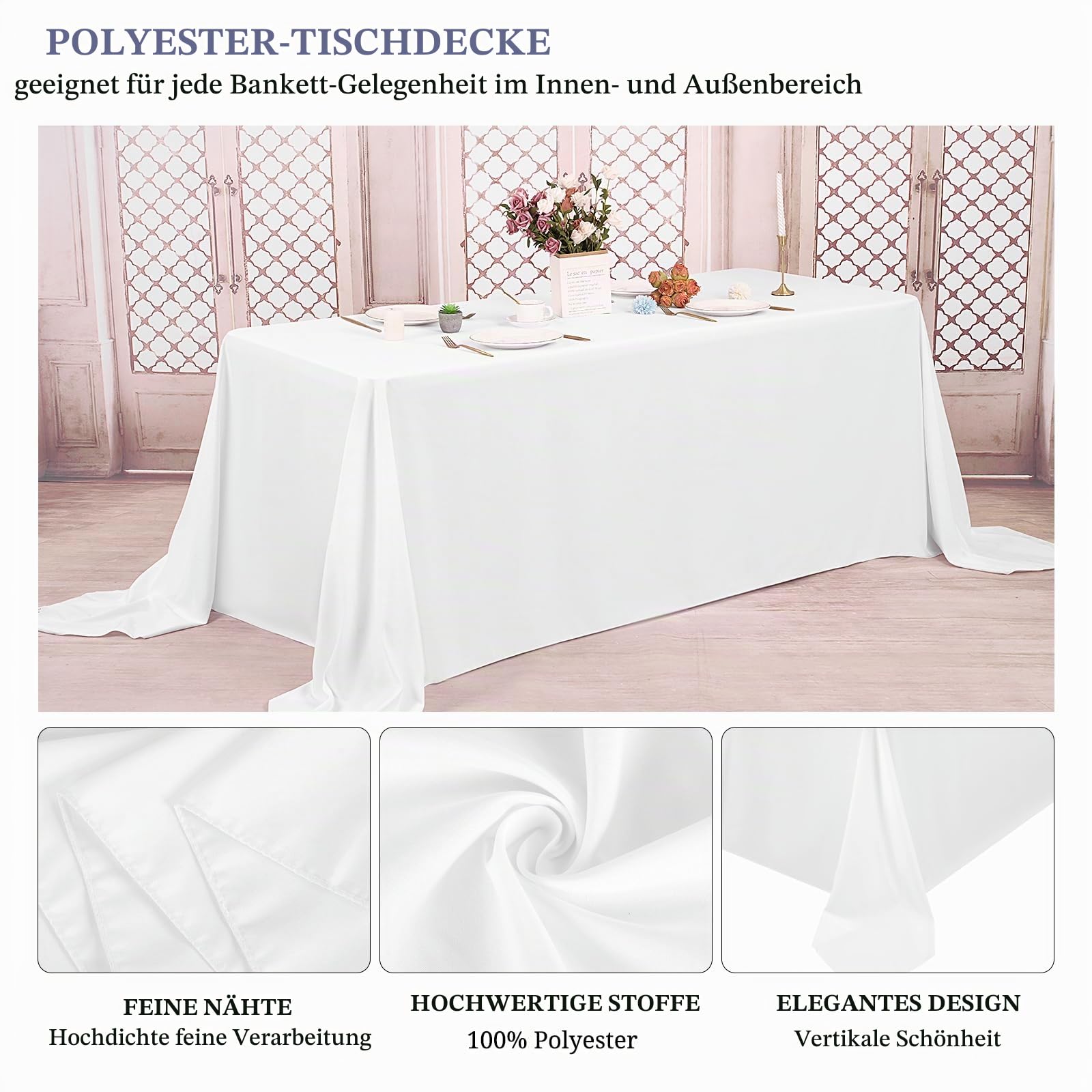 2 Stück Tischdecke Weiß 229 x 396 cm,Rechteckige 8 FT Tischdeckes | Flecken- und Knitterfreie Waschbare Tischdecke aus Polyestergewebe für Hochzeiten,Feiern, Veranstaltungen und Restaurants