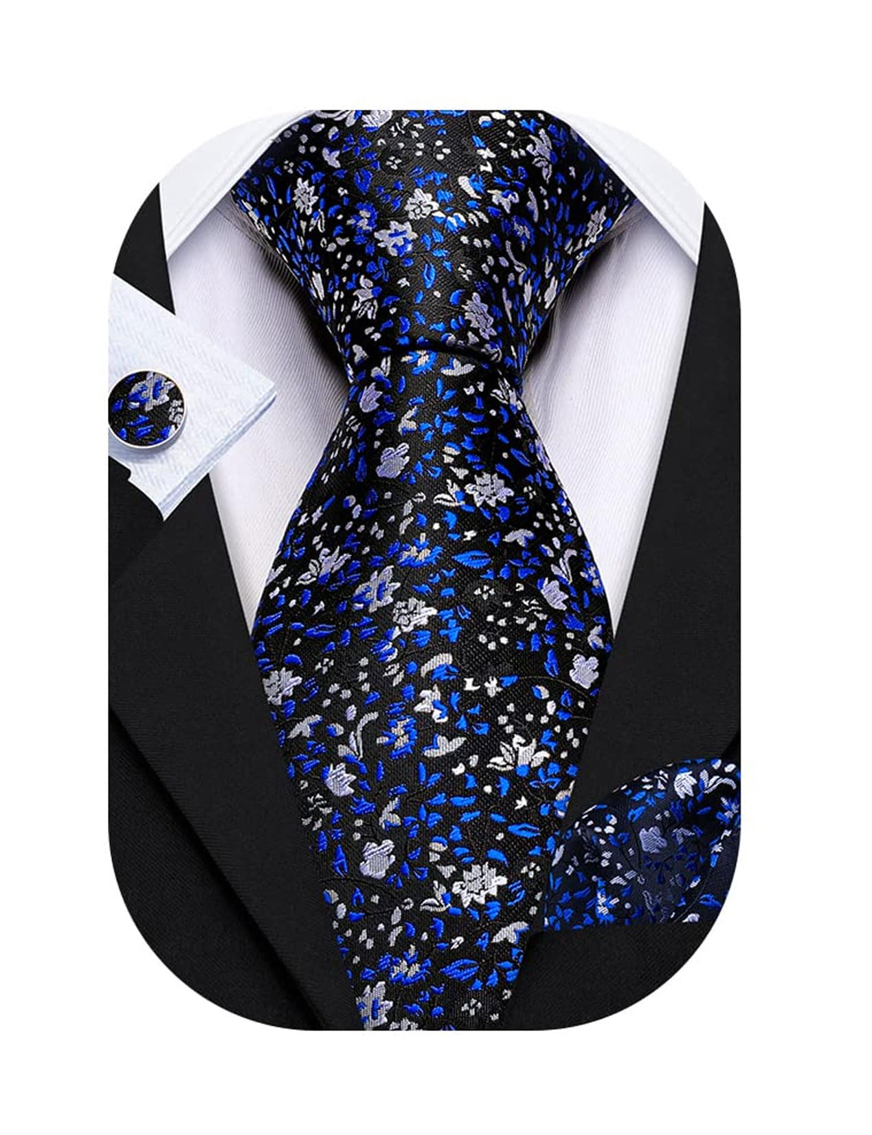 Flower Ties for Men Handkerchief Cufflinks Set Wedding Necktie Set Party, Silver Pink, One size