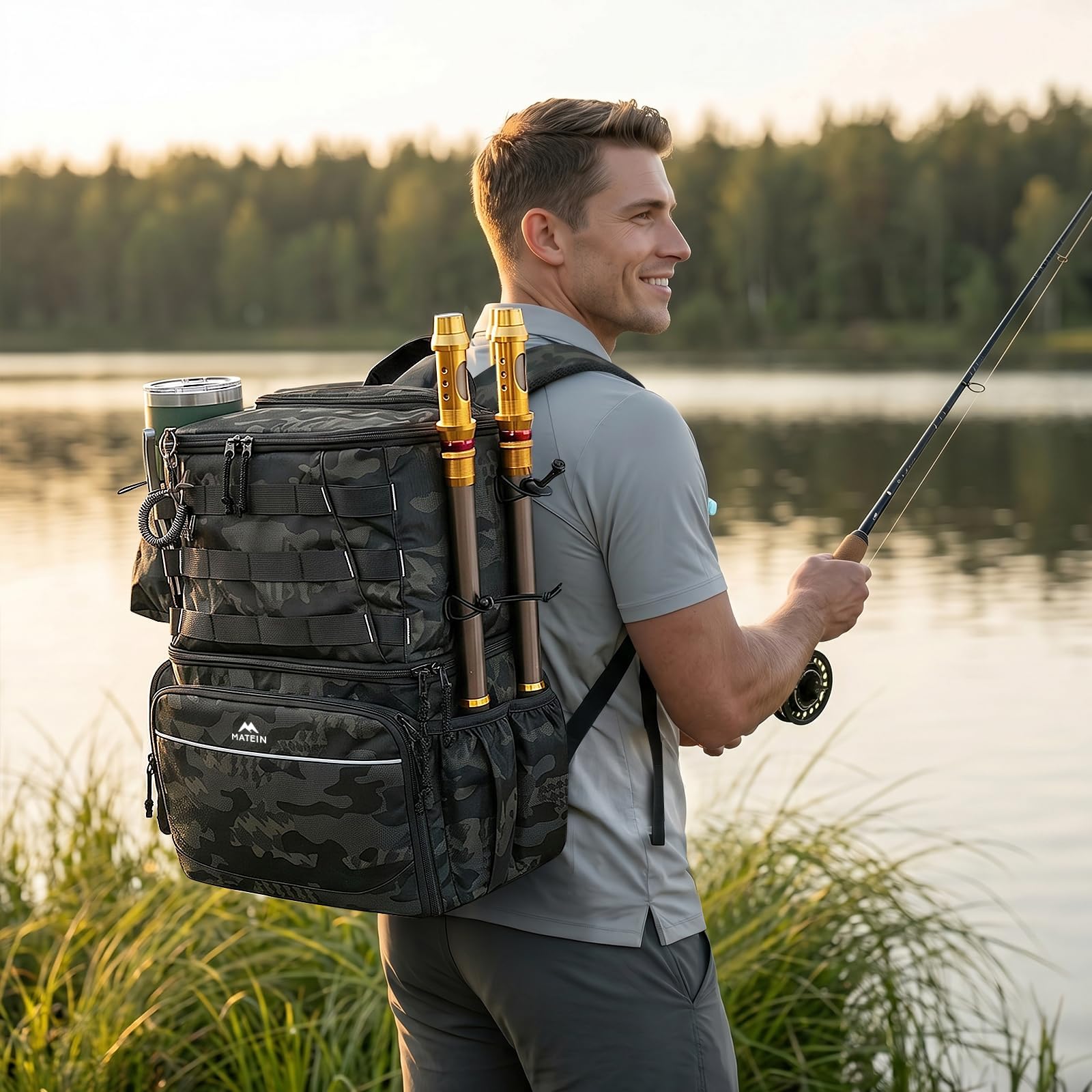 MATEIN Angelrucksack mit Rutenhalter, Wasserdichter Angel Rucksack Herren mit Isoliertes Kühlfach, Angelrucksack für Angeln Wandern Camping Trekking, Geschenke für Angler Männer, Camouflage
