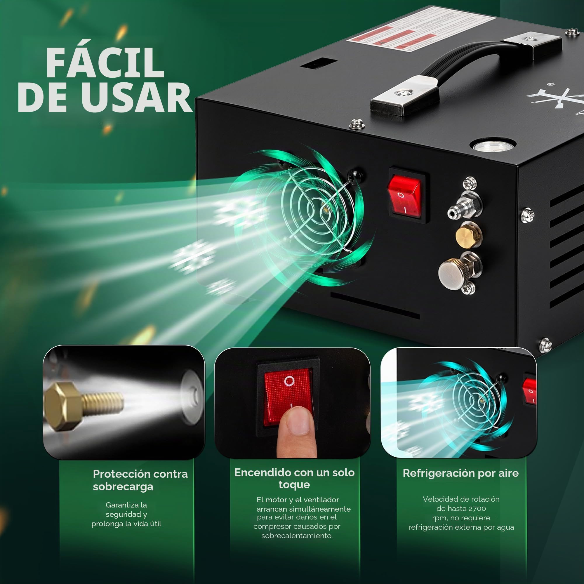 Compresor de aire TUXING Pcp, 4500 Psi 30 Mpa, sin aceite/agua, alimentado por coche 12 V CC o hogar 110 V CA con adaptador (incluido), bomba para rifles de aire PCP y pistolas de aire (TXES061)