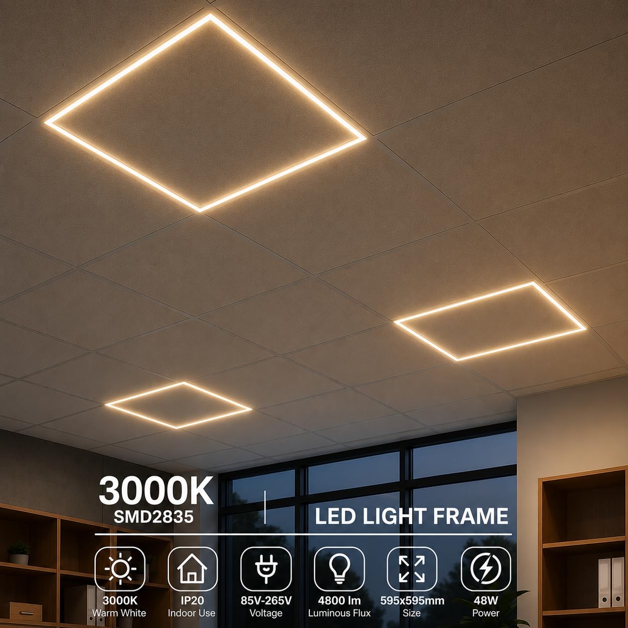 JANDEI – 2er-Pack LED-Panel 60 x 60 cm. 48-W-Lichtrahmen, 4800 lm. Zur Montage in Armstrong Moduldecken. Lebensdauer: 40.000 Stunden. Treiber im Lieferumfang Enthalten (Warmes Licht 3000 K)