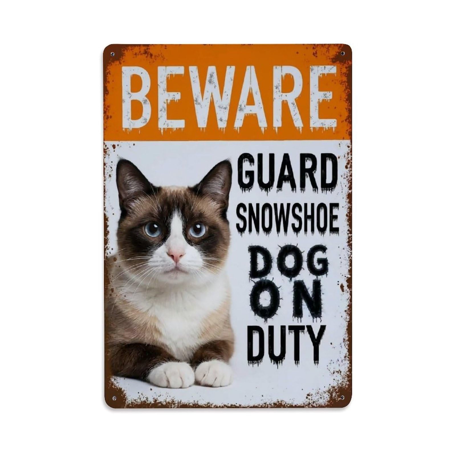 Vintage Funny Snowshoe Guard Beware of Cat Terrace Metal Tin Sign Plaque Wall Decor for Cafe, Club Bar, Office, Garden Metal Poster 8x12Inch