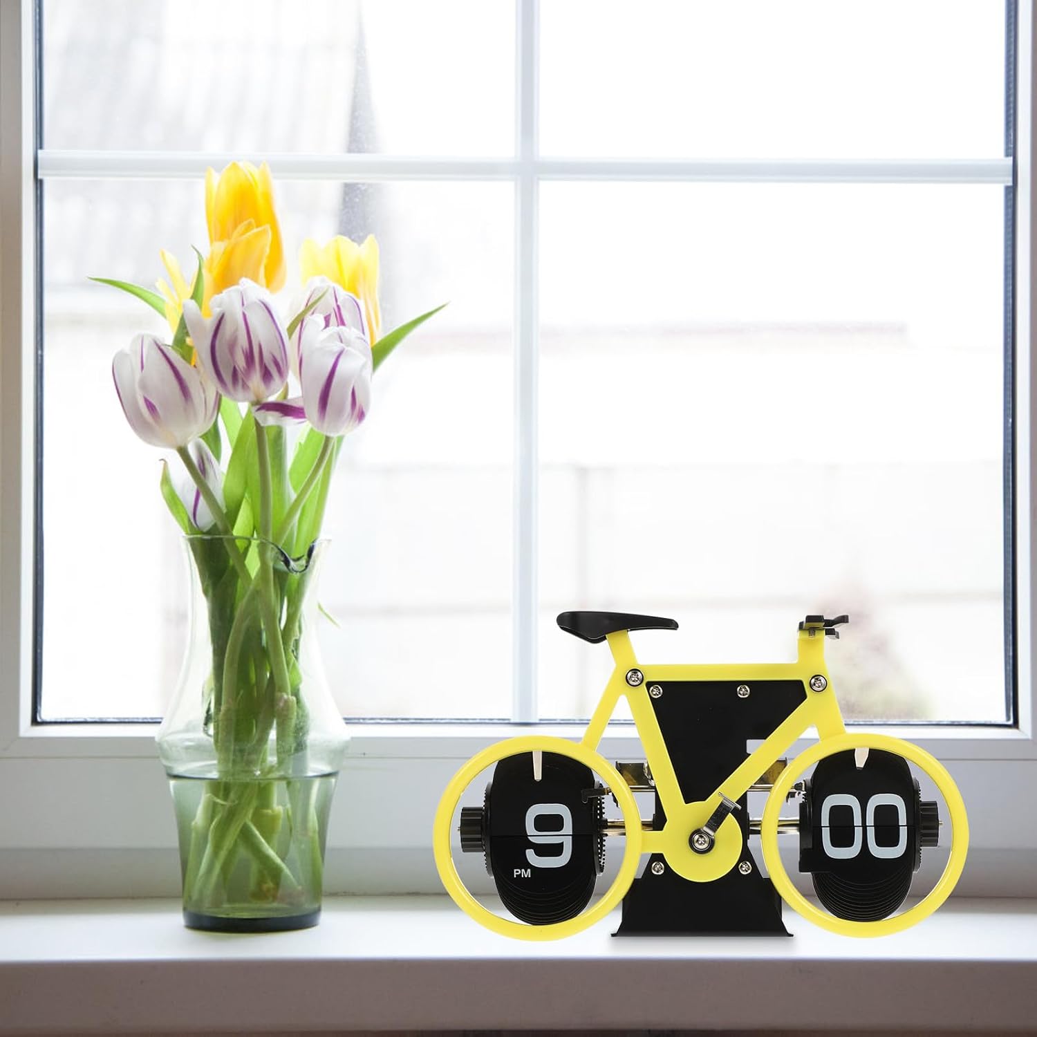Mipcase Retro Bicycle Flip Clock Desk Clock Mechanical Gear Operated Yellow for Home Office Decor
