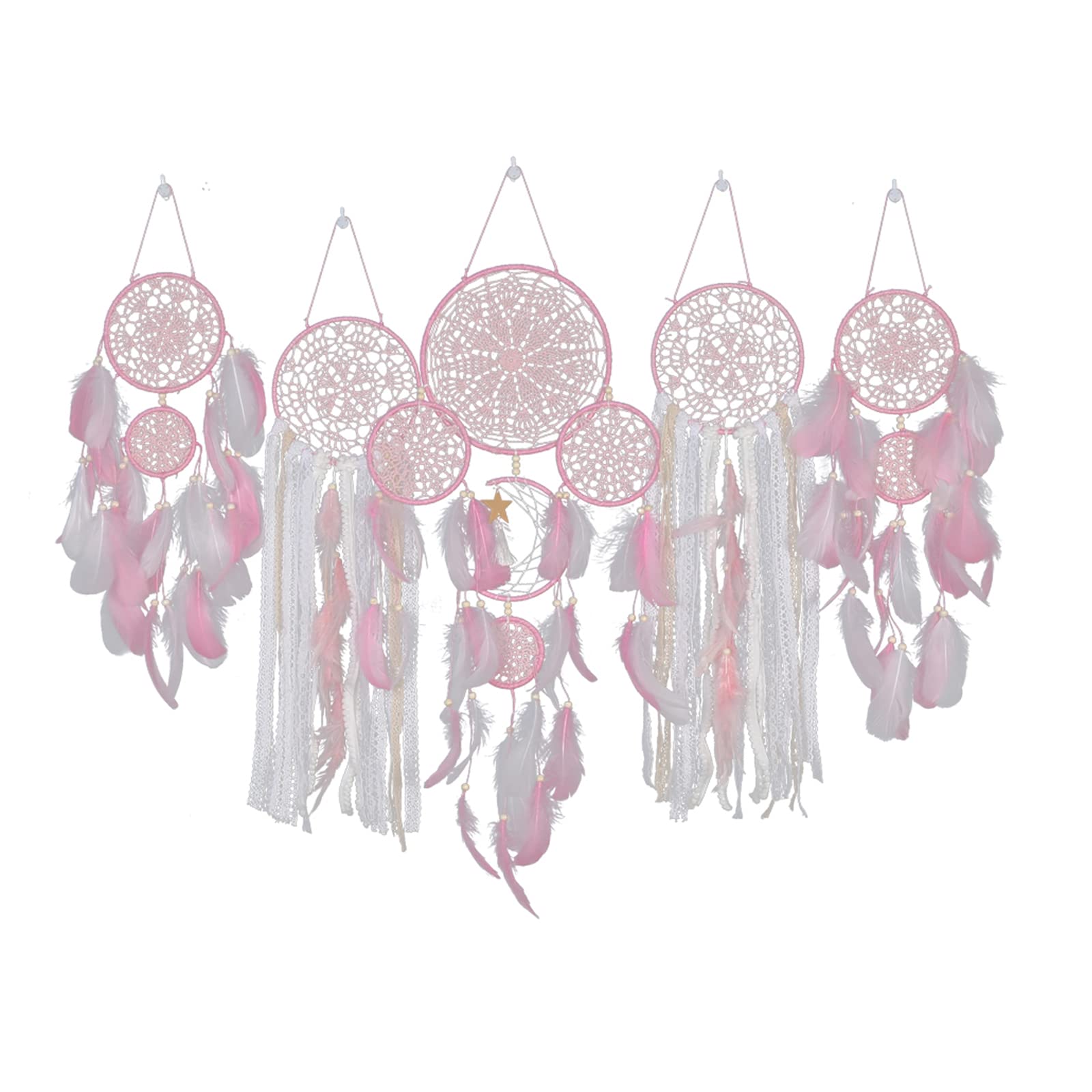 Atrapasueños de Luna rosa con plumas bohemias para decoración de pared en dormitorio de niñas 5 uds