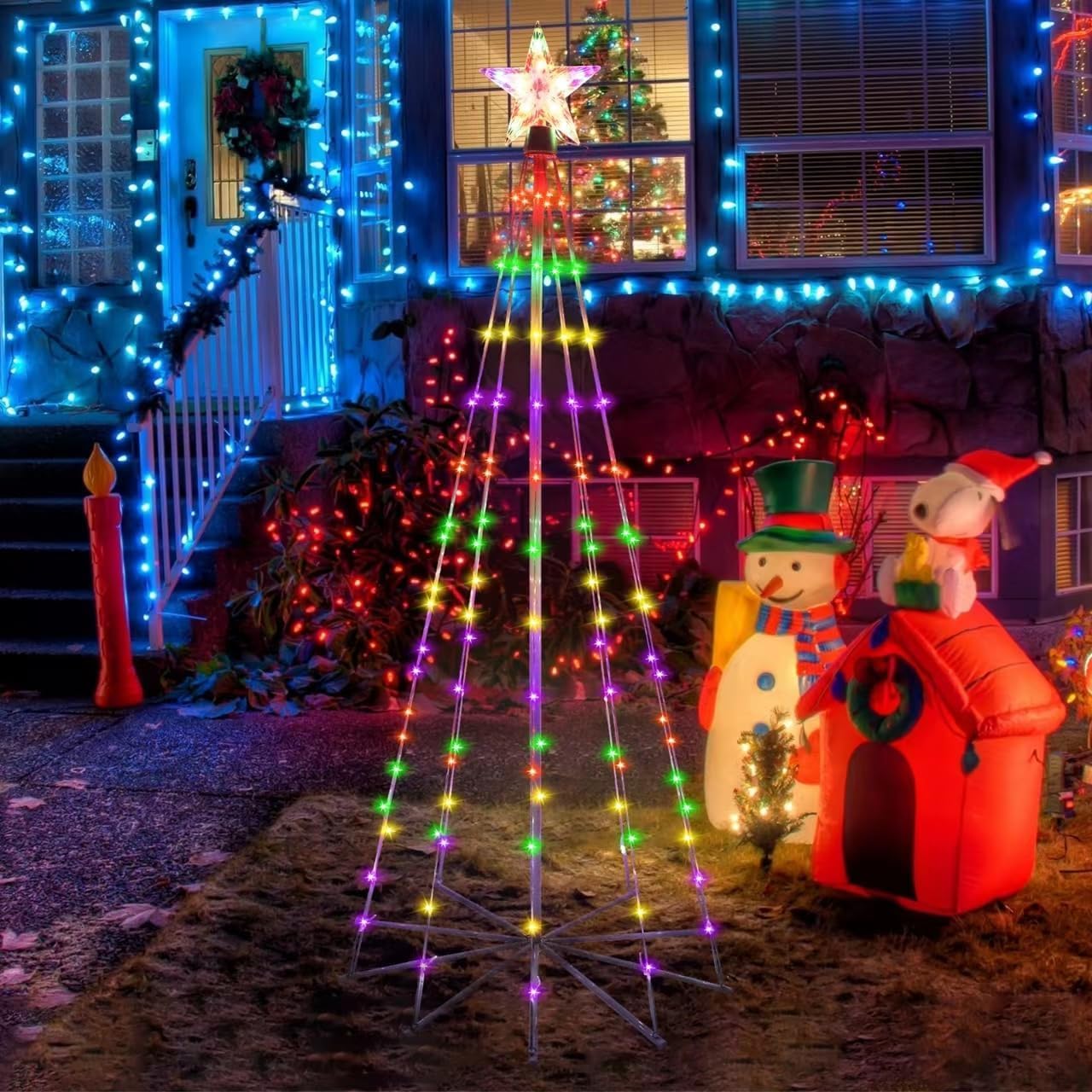 Lumière de sapin de Noël de 1,8 m avec étoiles - Éclairage LED - 8 modes d'éclairage - Étanche à intensité variable - Pour l'intérieur et l'extérieur - Décoration de Noël (180 cm)