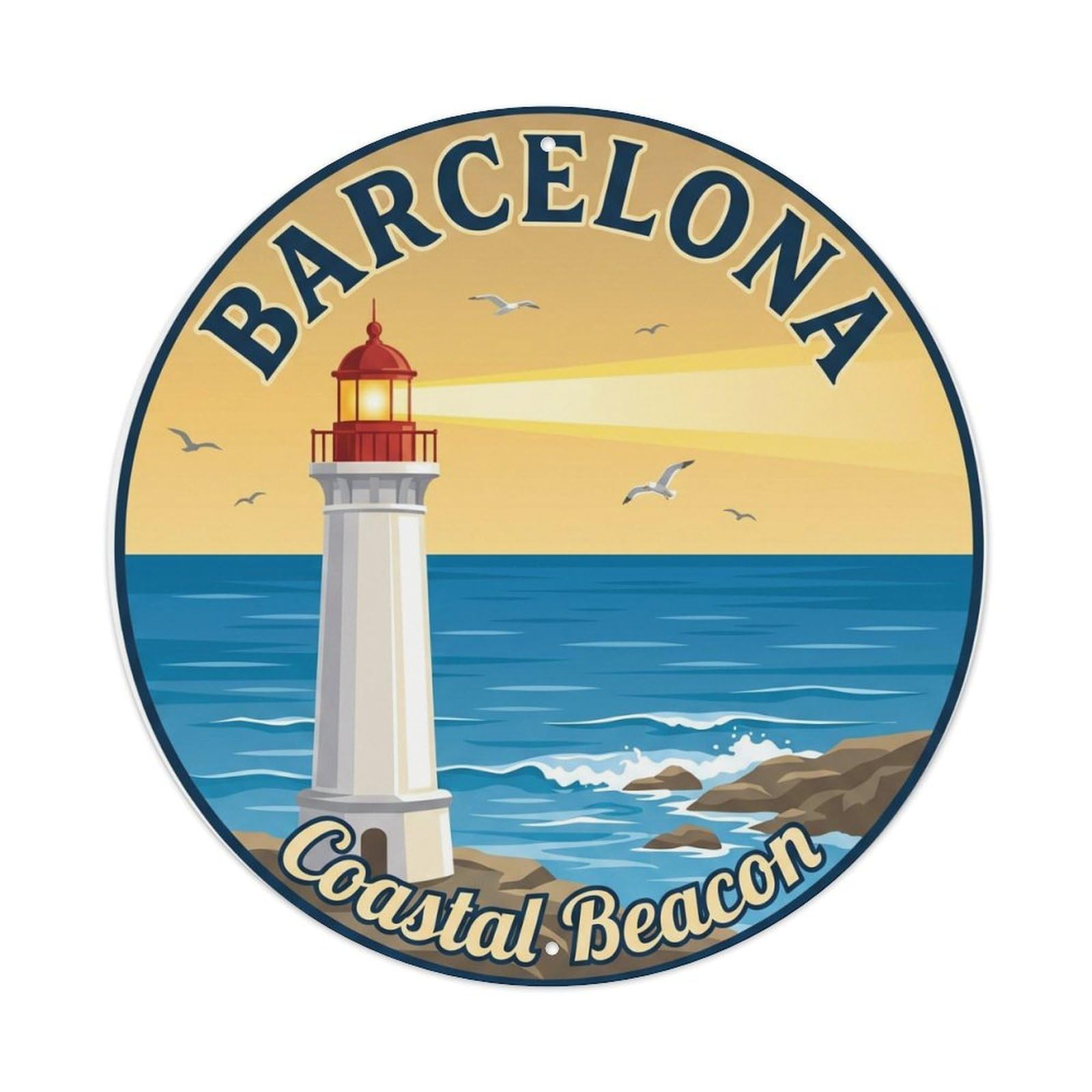 Catalan Barcelona Lighthouse Mediterranean Journey Vintage Metal Tin Sign Plaque Wall Decor for Cafe, Man Cave, Club Bar, Office, Home Garden Round Metal Poster 8x8Inch