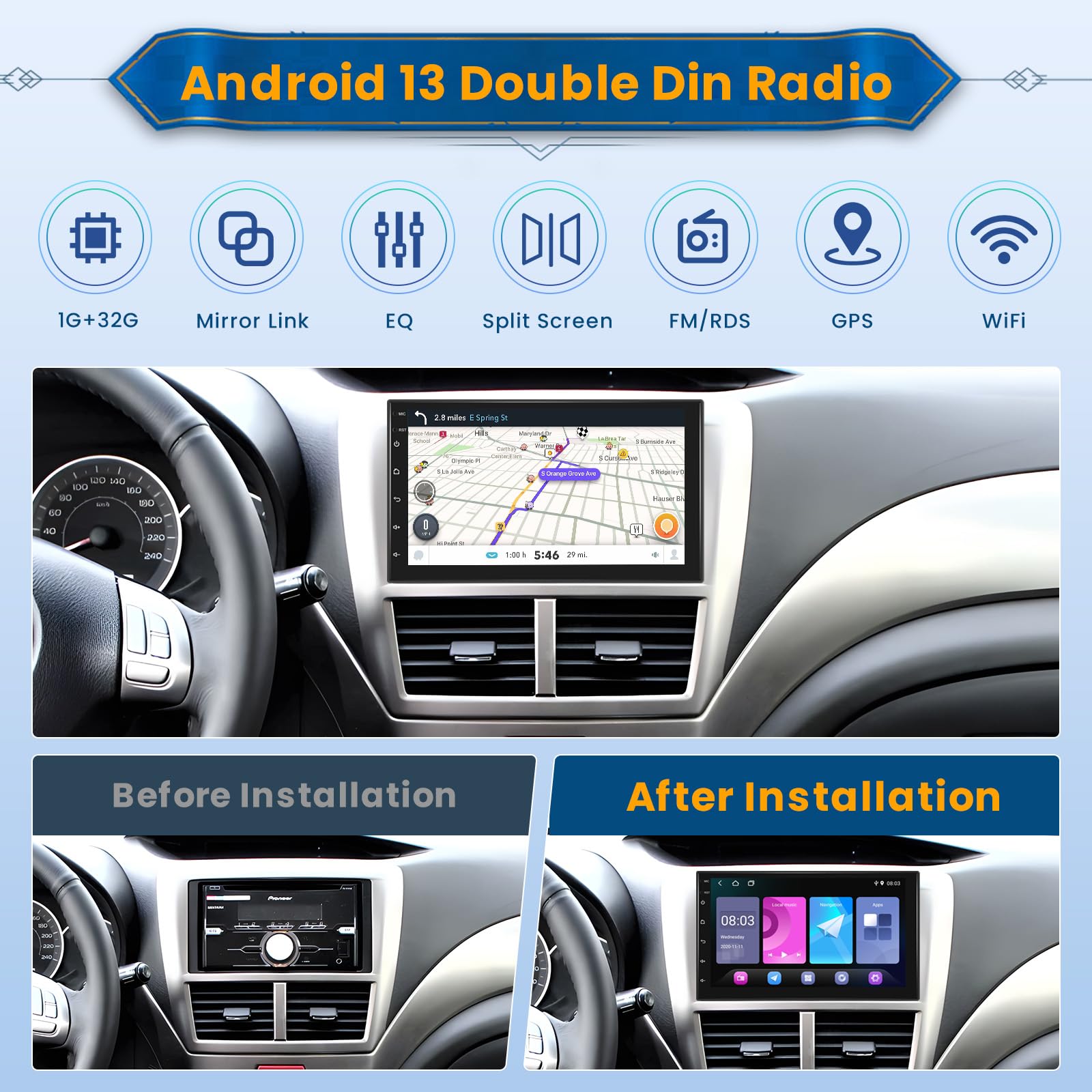 Inefala 2 Din Android Car Stereo z zestawem głośnomówiącym Bluetooth (1 + 16 GB), 7-calowy ekran dotykowy 2 Din Android Car Stereo Obsługuje GPS/WiFi/Mirror Link/Radio FM RDS z tylną kamerą