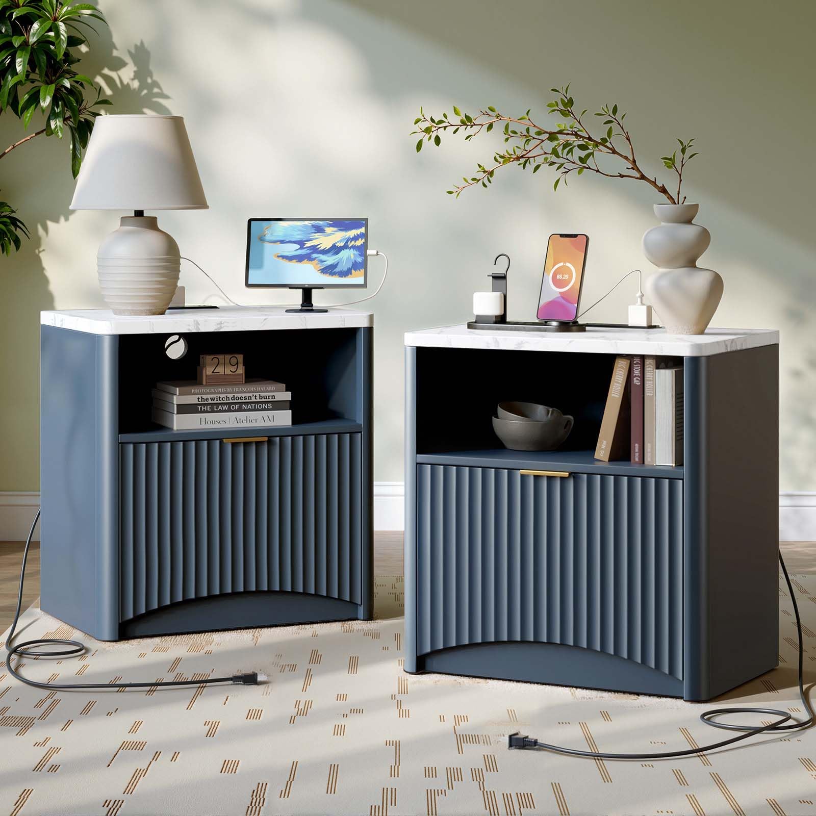 Evermagin Fluted Nightstand Set of 2 with Charging Station, Navy Blue