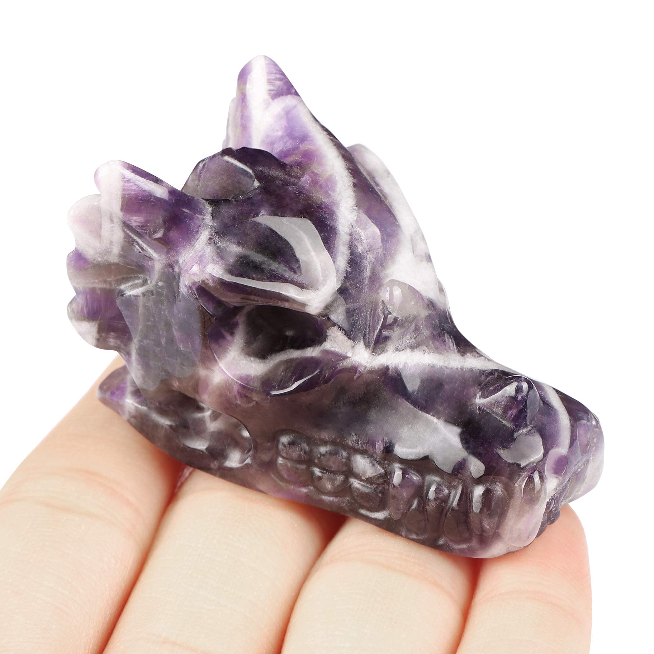 SMQ Amethyst Crystals Dragon Head Skull Statue Hand Carved Gem Purple Dragon Figurine Animal Carvings Collectible Healing Stones for Home Office Desk Decor(2 Inch)