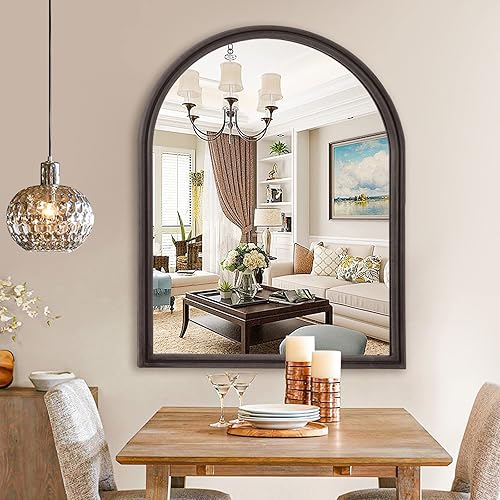 Miniatura 6 de GLSLAND Espejo de granja de 24 x 32 pulgadas, espejo de pared arqueado, espejo de pared con marco de madera negra, espejo antiguo para sala de estar