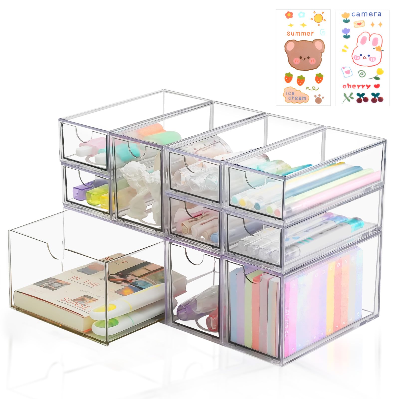 Jiayaus Desk Organizer with 10 Drawers, Clear Acrylic Makeup Organizer, Stackable Desktop Storage Box with Removable Drawer Suitable for Storing Cosmetics, Jewellery, Sunglasses and Office Supplies