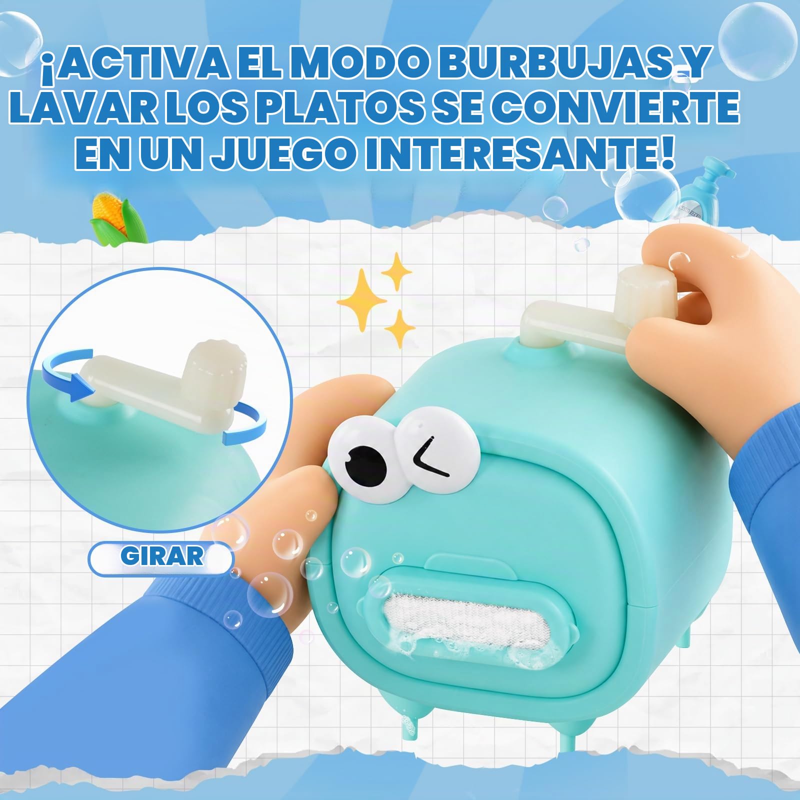 Fregadero Juguete con Agua, cozinha de brincar, máquina de Burbujas, Verduras de plástico extraíbles, Lavabo Infantil de 25 Piezas para niños y niñas (Azul)