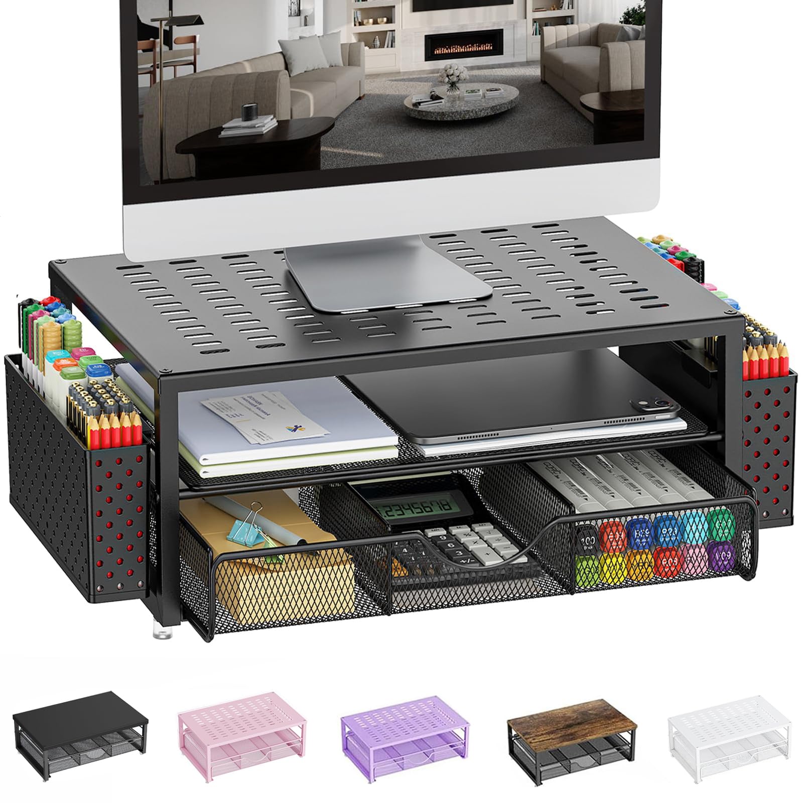 Pygocereri Monitorständer, Schreibtisch Organizer mit Schublade und 2 Stifthaltern, Monitor Erhöhung für Bildschirm und Laptop, ergonomischer Desktop Ständer für Büro Zubehör (Schwarz)