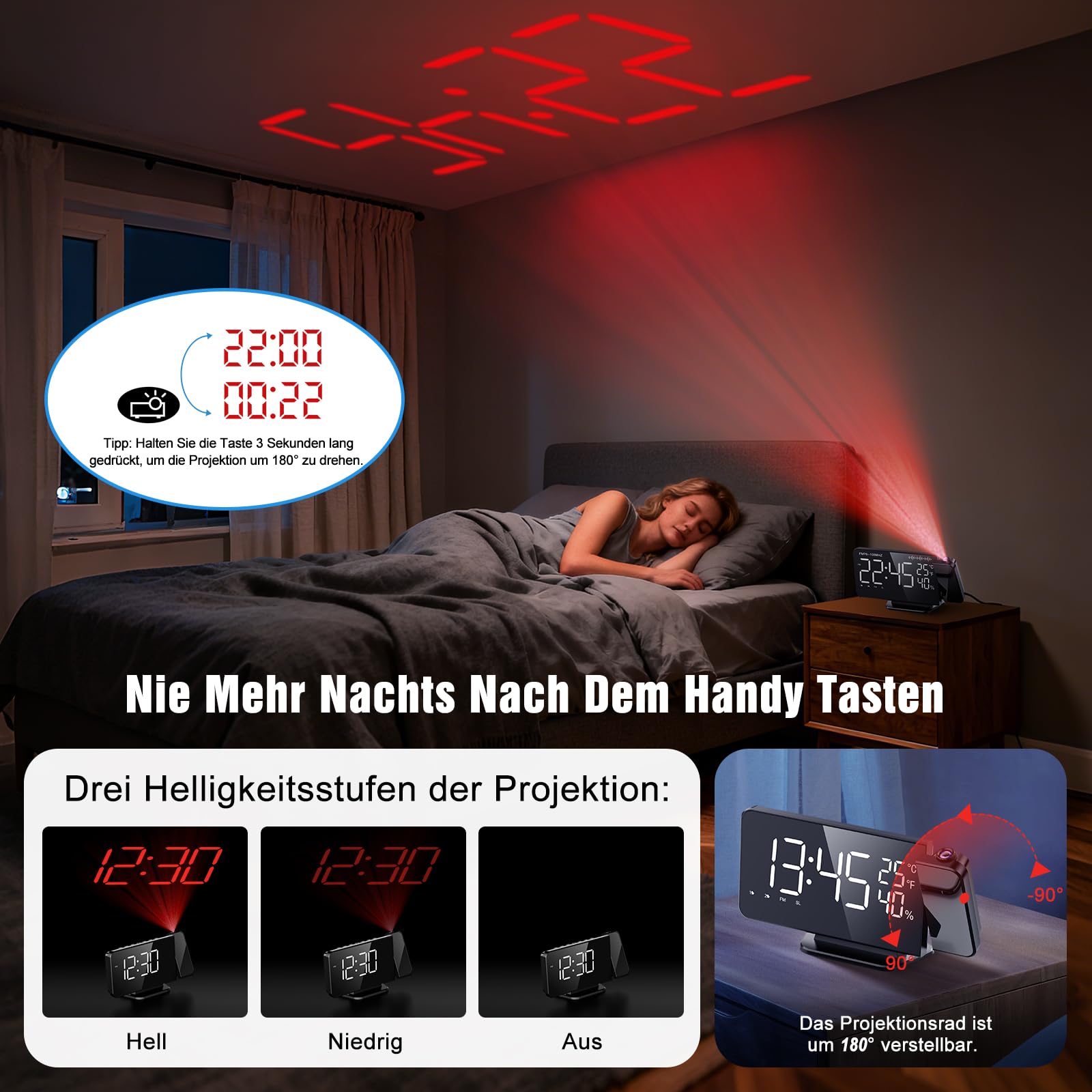 TAKRINK Projektionswecker, Wecker Digital mit 180° Projektion, Reinweiß | 5,5 Zoll LED-Display, 12/24H, FM-Radio, Snooze 5–60 Min., 4 Helligkeiten, USB-Ladeausgang