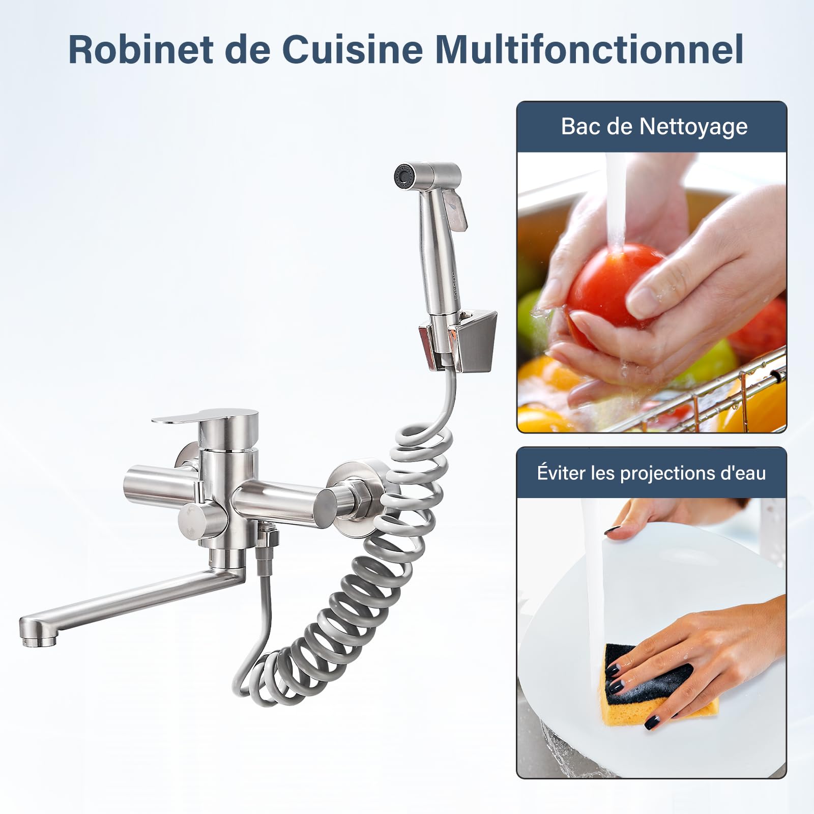 Robinet Mural Cuisine,Mitigeur Cuisine Mural avec Pistolet,Pivotant à 360° Robinet Mélangeur,Tube Rotatif 22cm,Brossée - 5