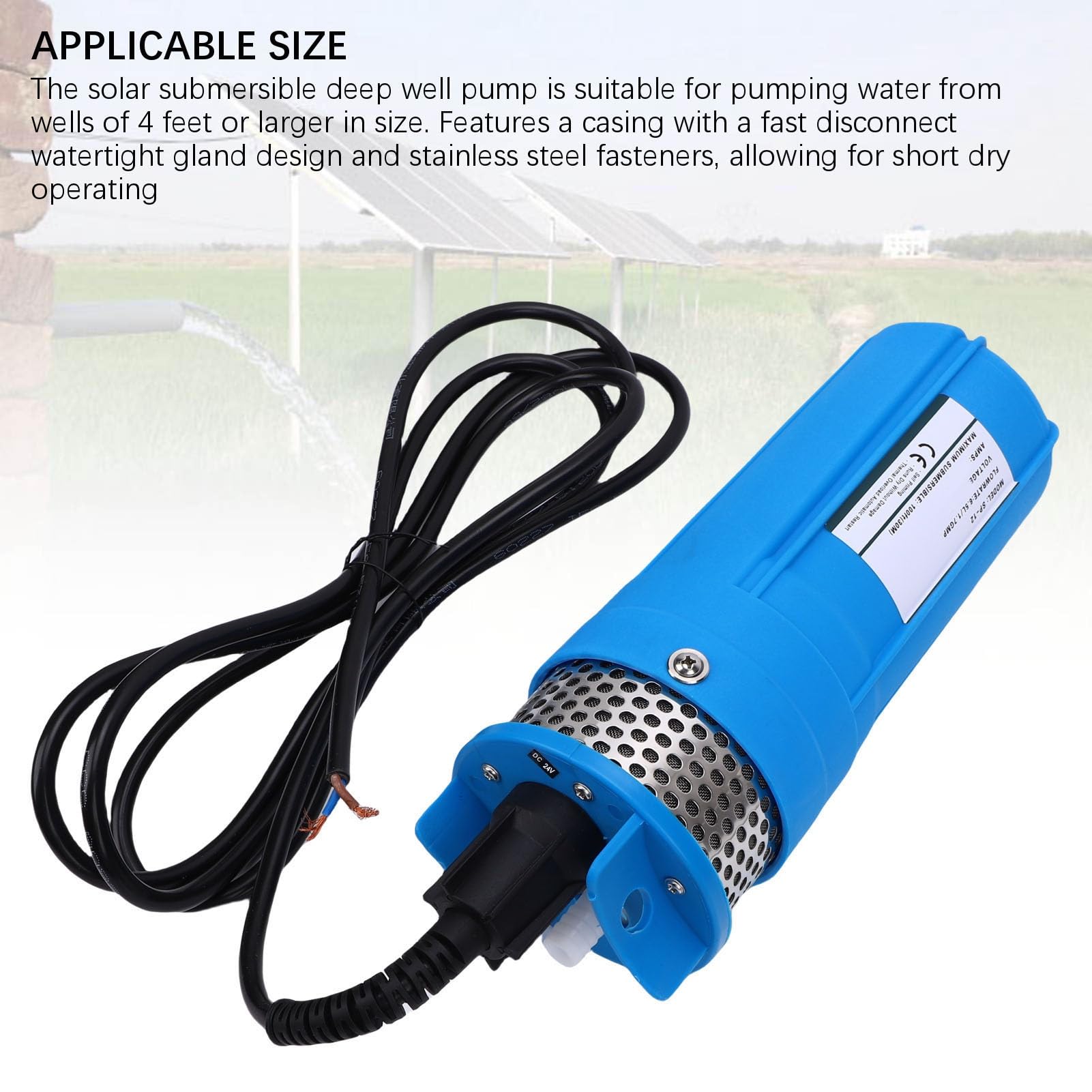 Bomba solar sumergible para pozo profundo de 96 W, cabezal de 230 pies, bombeo de agua CC de 1,7 GPM con salida de 1/2 pulgada para riego, agricultura y ganadería (CC 24 V)