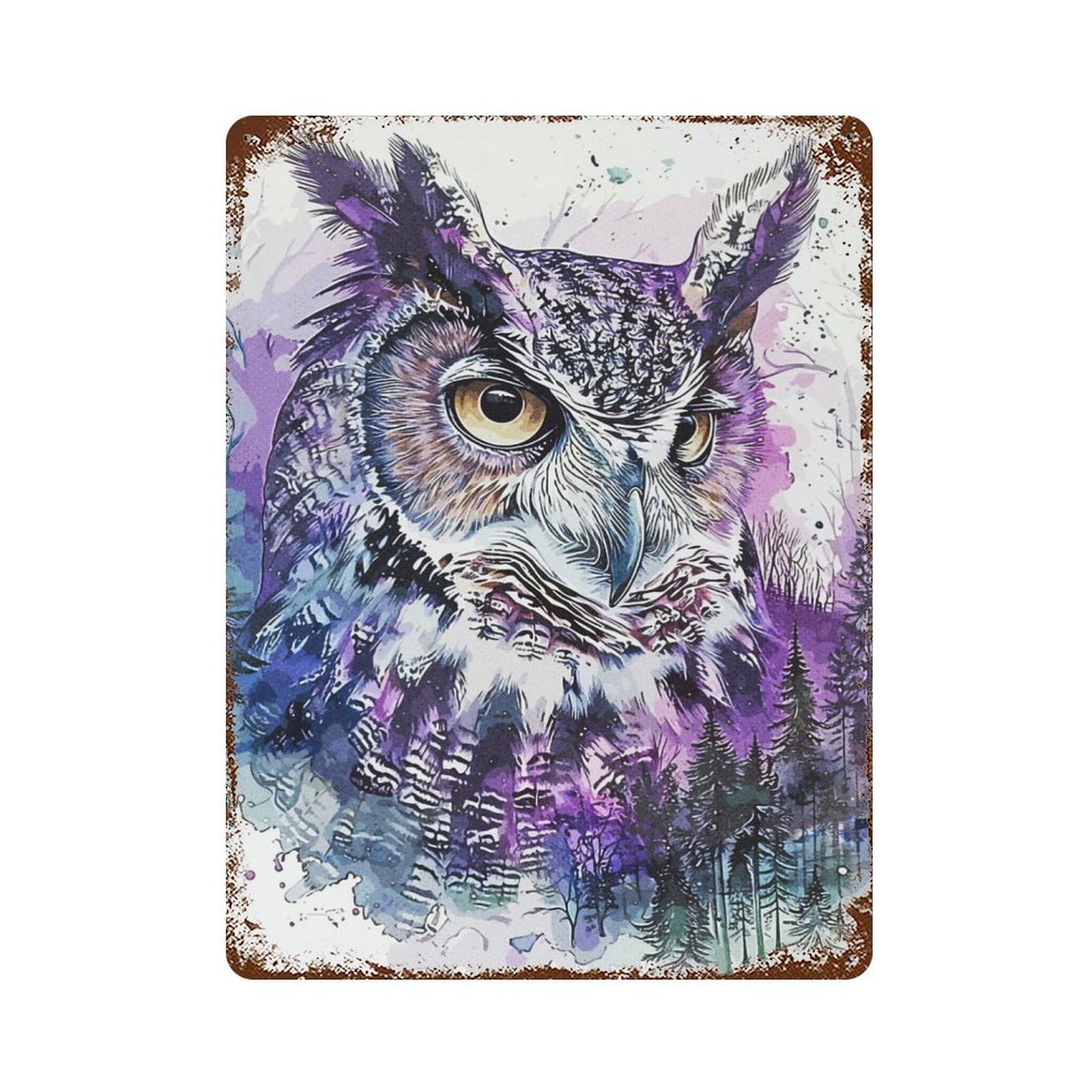 Purple Color Owl Rustic Tin Plaque 15.7"x11.8", for Shed, Workshop And Garage Wall Decor, Rustic Home Decor