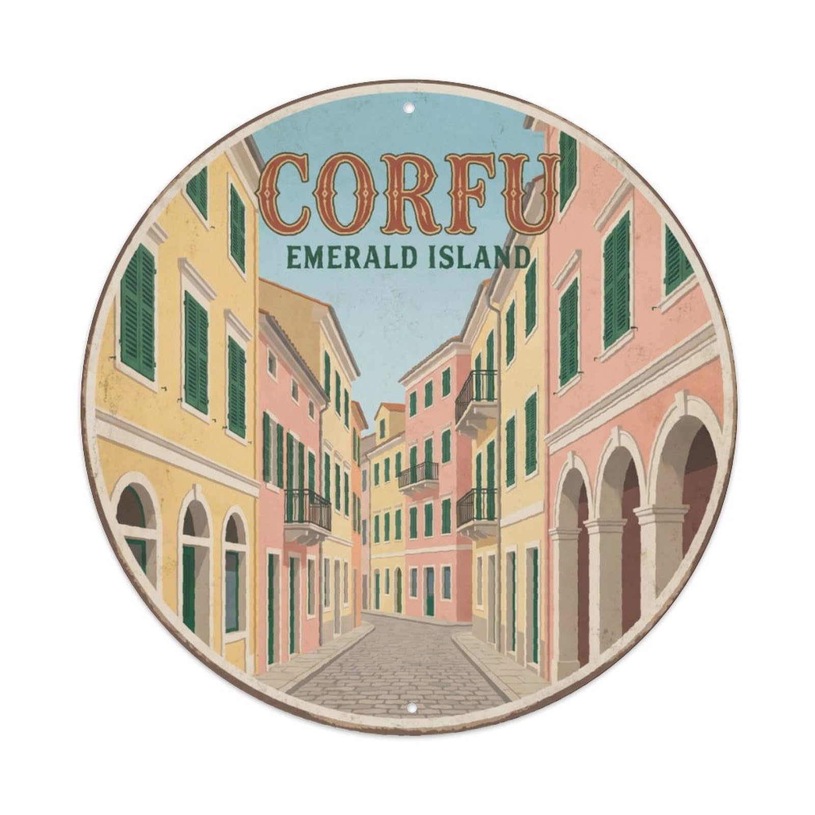 Vintage Round Tin Sign Corfu Emerald Island Colorful Town Street Vintage Aluminium Metal Sign, Retro Wall Decor for Home, Bar, Garage & Farmhouse 20x20cm