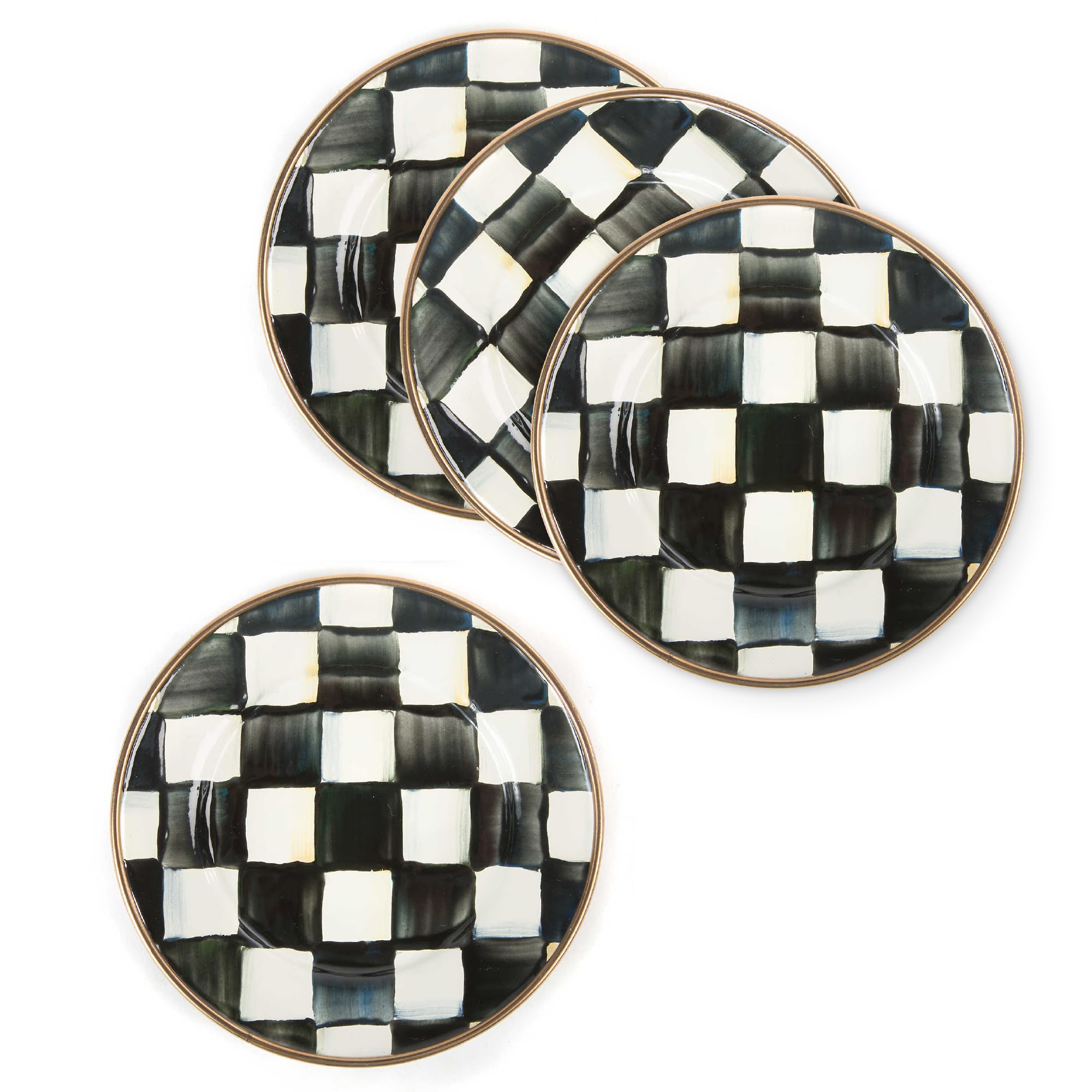 MACKENZIE-CHILDS Set of 4 Enamel Appetizer Plates, Mini Dessert Plates, 5 Inches, Black-and-White Courtly Check