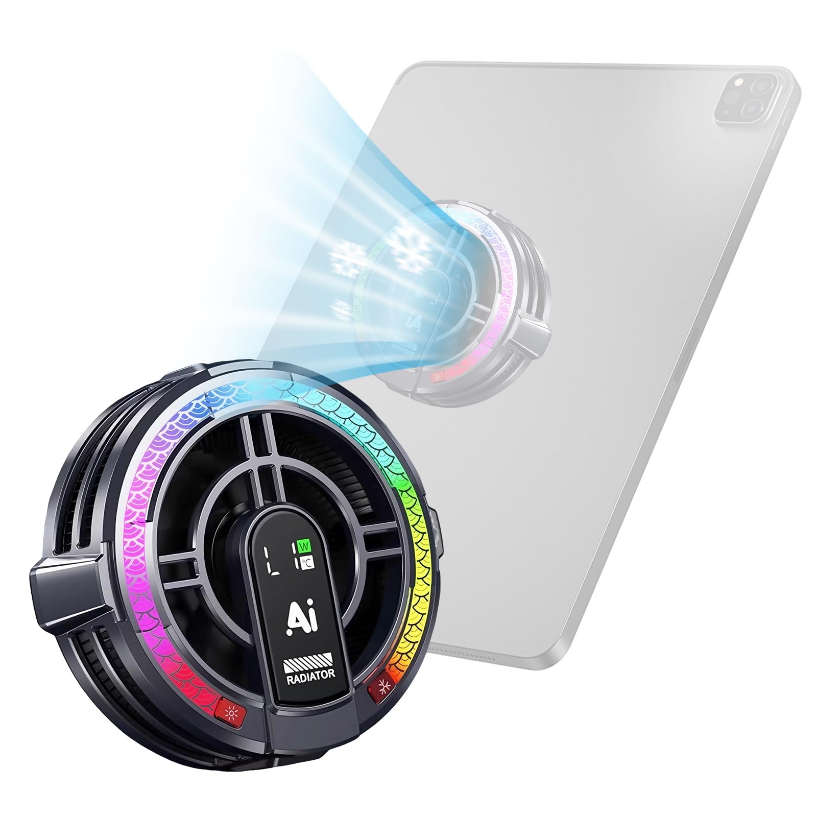 Refrigeratore magnetico per tablet con 4 modalità di raffreddamento e luce RGB, display digitale, dispositivo di raffreddamento per telefono a semiconduttore per iPad, tablet, prevenzione del