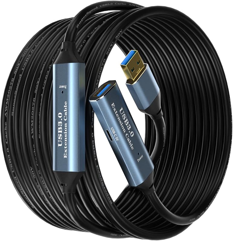 USB 3.0 Extension Cable 50FT Type A Male to Female Active Extender Cord with 2 Extension Chipsets Signal Booster and 1 USB-C Charging Port, for Webcam, USB Hub, PlayStation, Printer, Camera