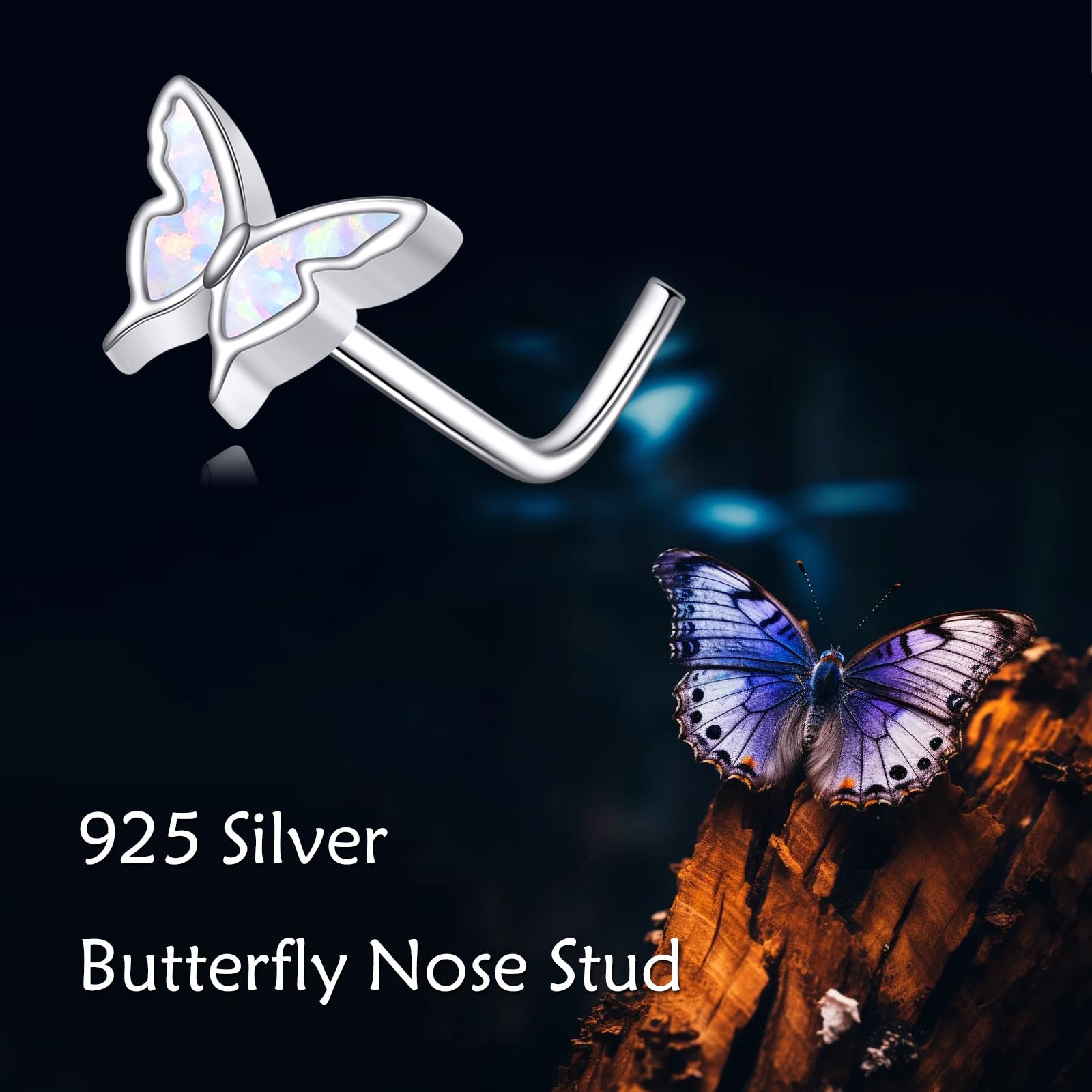 YAFEINI Piercing para la nariz de mariposa de ópalo, plata de ley 925, en forma de L, 20 g, mariposa, piercing para nariz, regalo para mujeres