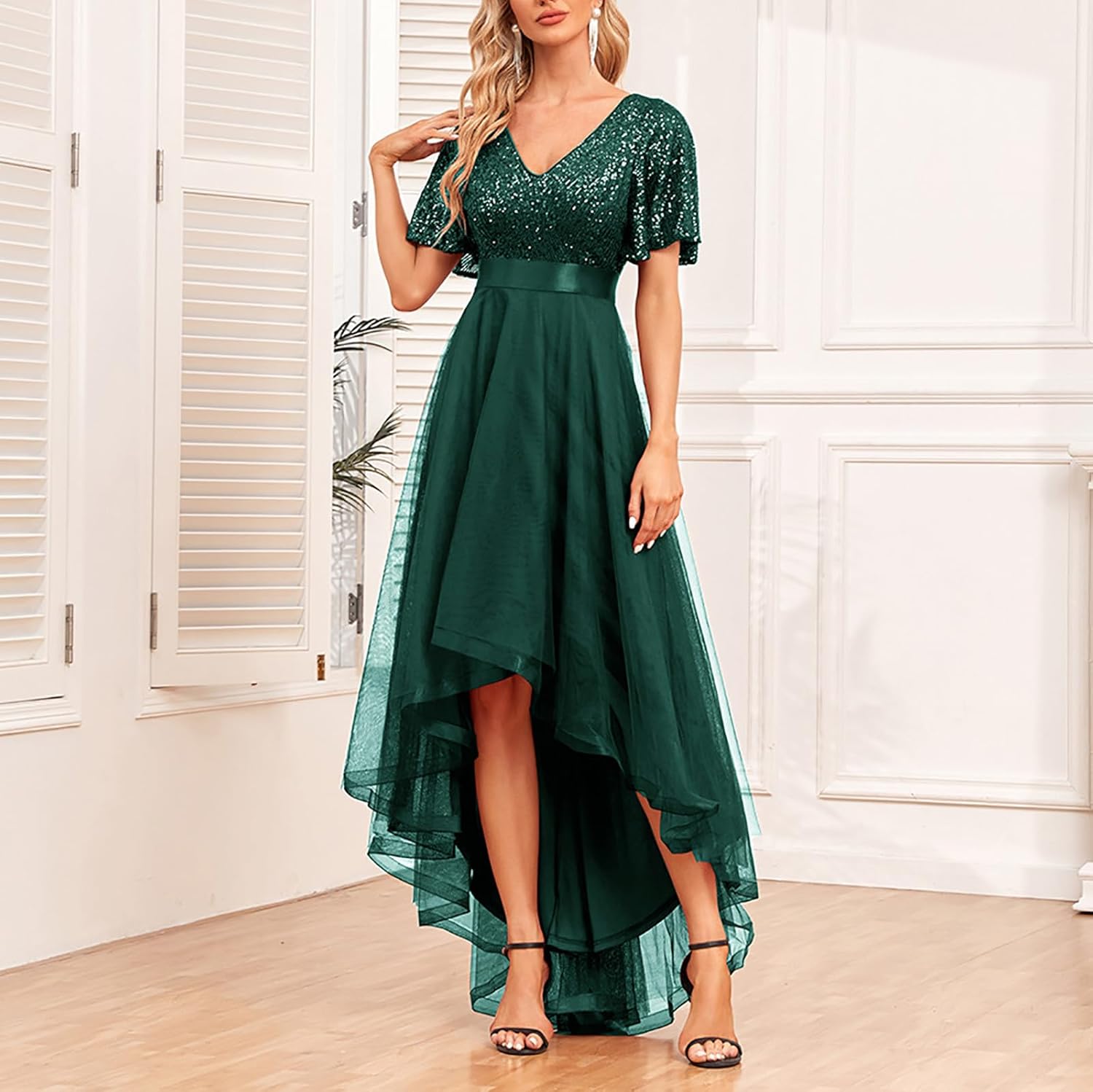 Sequin Tulle Formal Dresses for Women 2024 High Low Evening Gowns V-Neck Ruffle Sleeve Cocktail Party Bridesmaid Dress